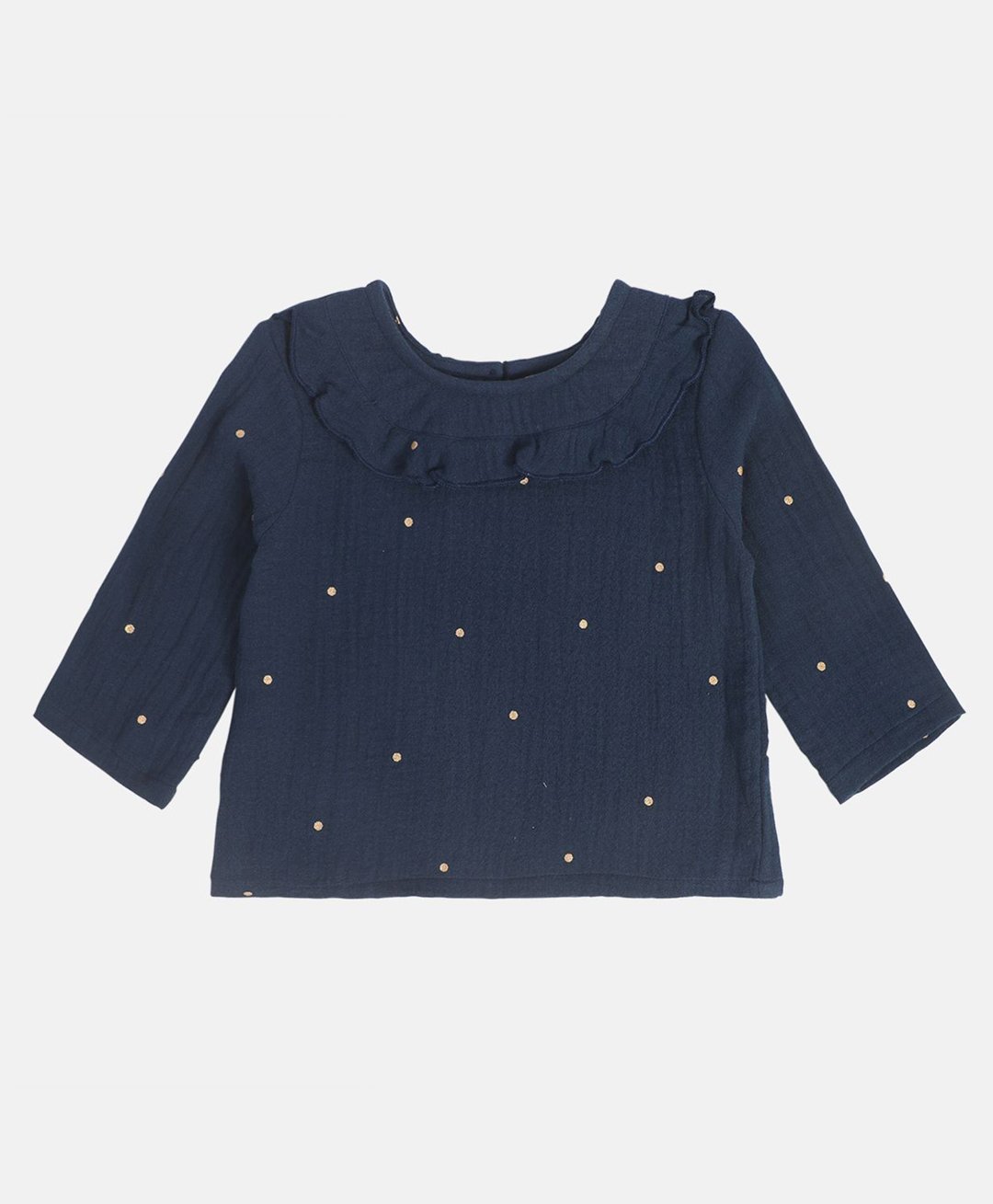 MINI KLUB Cotton Full Sleeves Frill Detailed Polka Dots Foil Printed Woven Top - Blue-picture-17