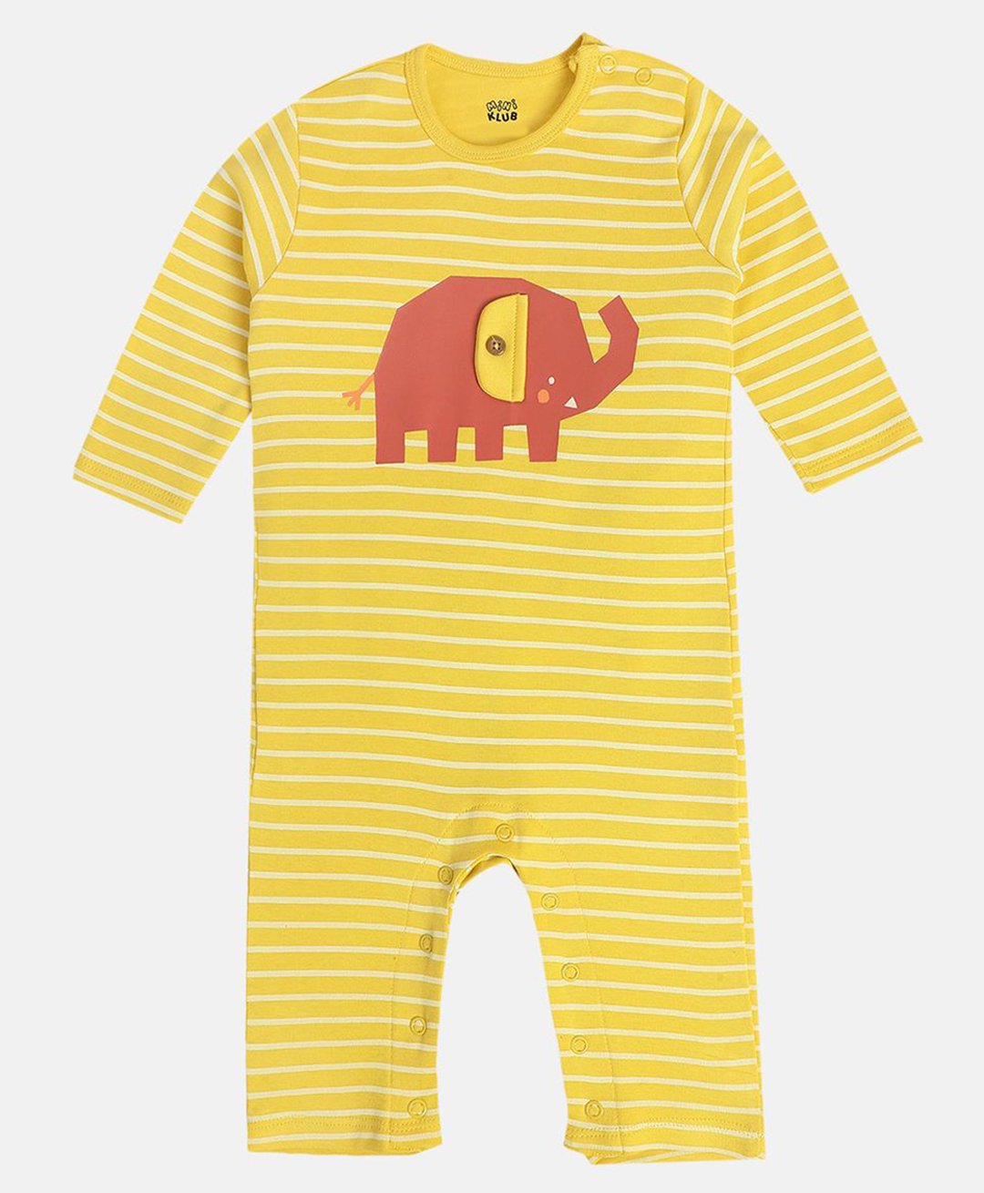 MINI KLUB Cotton Full Sleeves Striped Elephant Printed Romper - Yellow-image-8
