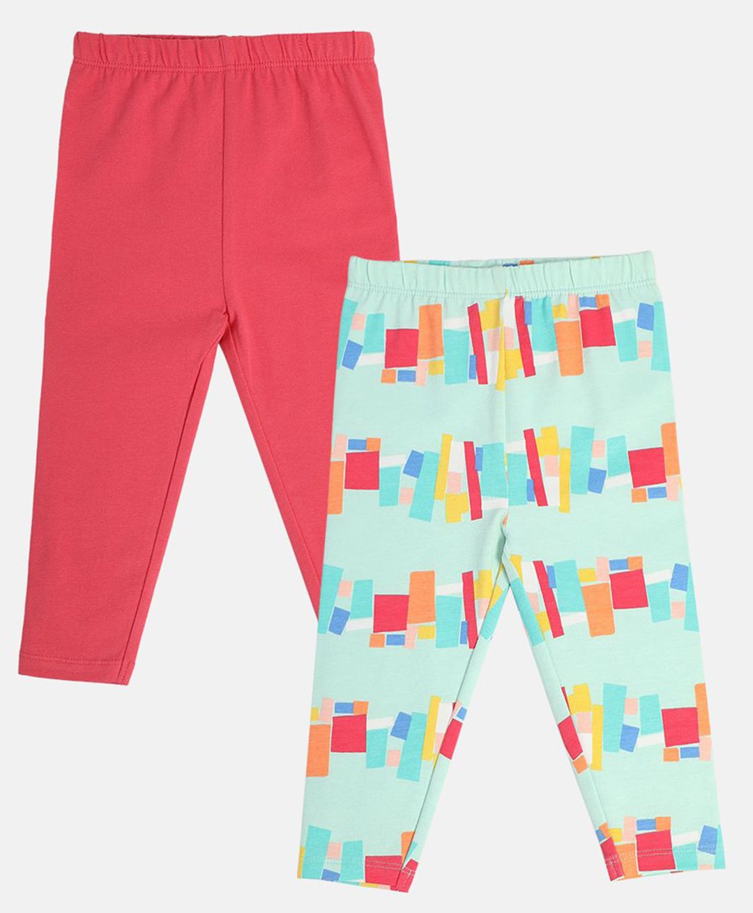 MINI KLUB Cotton Pack Of 2 Solid & Abstract Printed Leggings - Multi Colour-picture-38