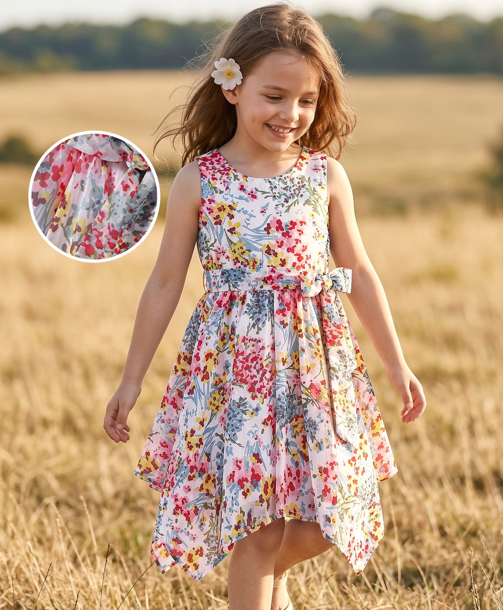 hola bonita Hola BonitaWoven Sleeveless Floral Printed Dress with Handkerchief Hem Design - White-picture-15