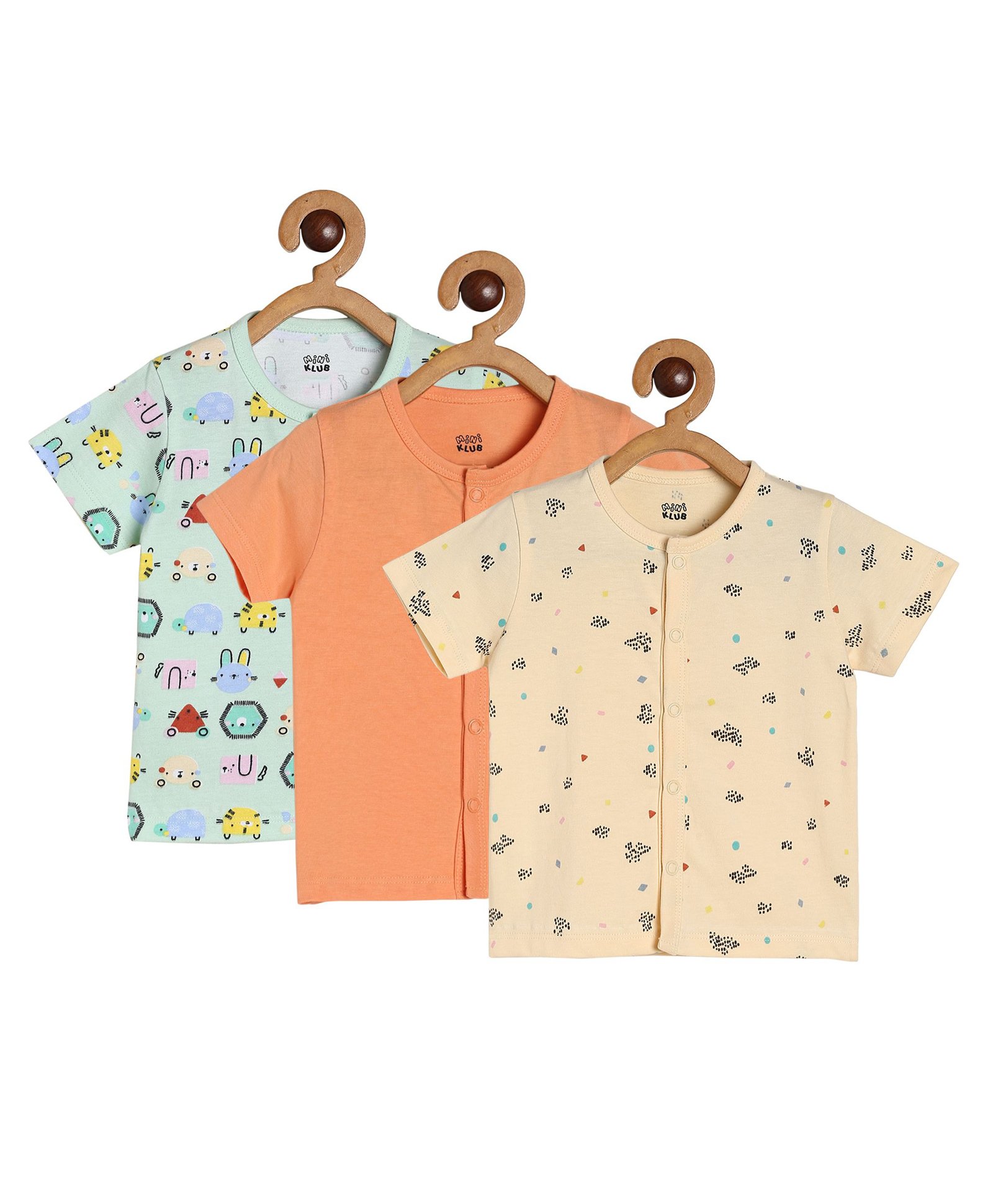 MINI KLUB Cotton Pack Of 3 Half Sleeves Animal Face & Patch Detailed Vests - White Green & Coral-image-17