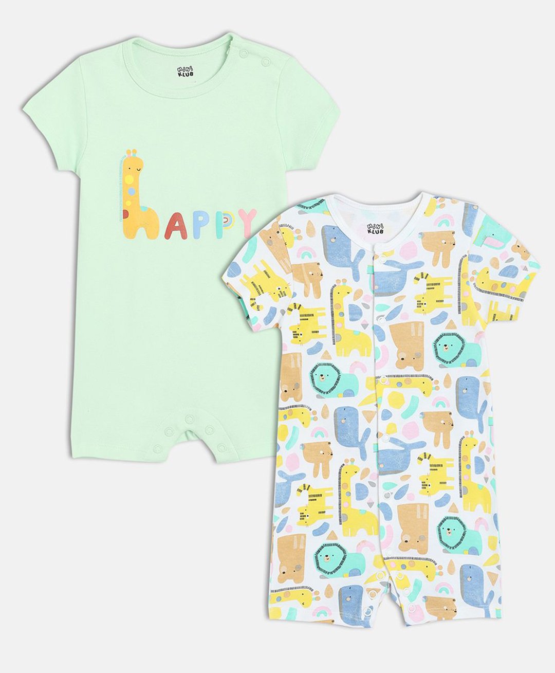 MINI KLUB Cotton Pack Of 2 Half Sleeves Animals & Happy Text Printed Rompers - White & Green-image-9