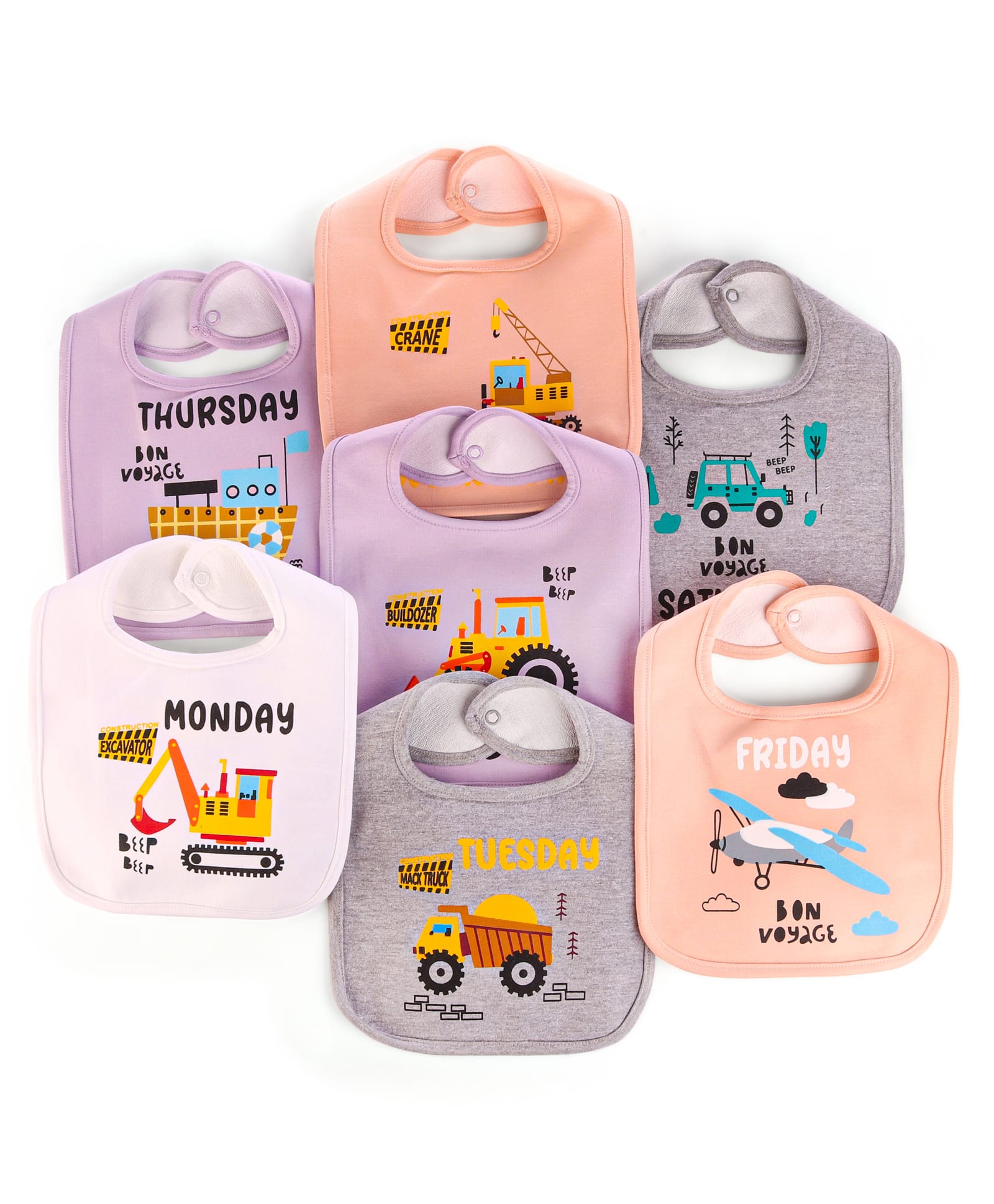 ZOE Baby Bibs with Days of the Week & Vehicle Print Pack of 7 - Multicolor-picture-21