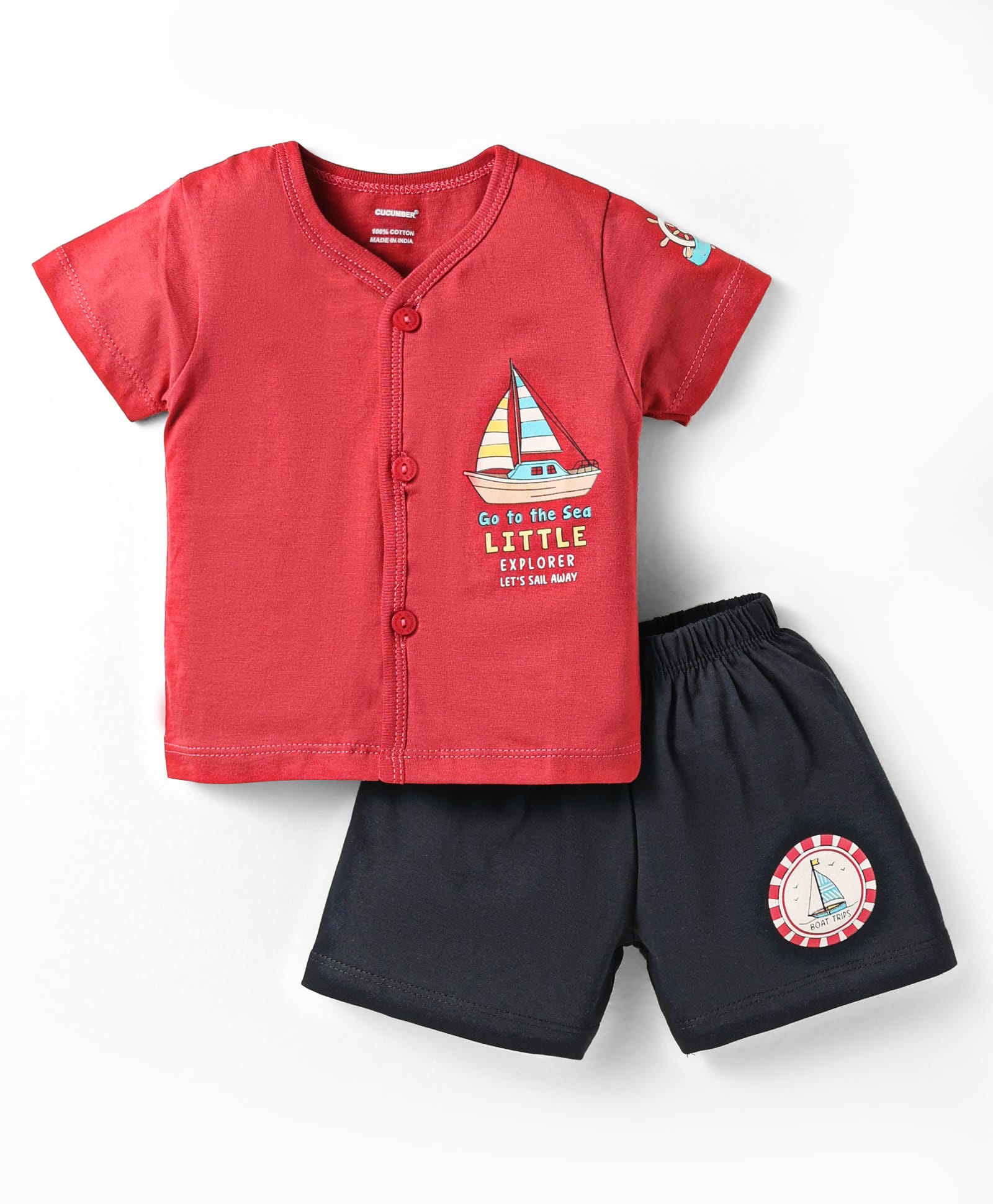 CUCUMBER Sinker Knit Half Sleeves Shorts Night Suit with Nautical Theme Print - Red-picture-47