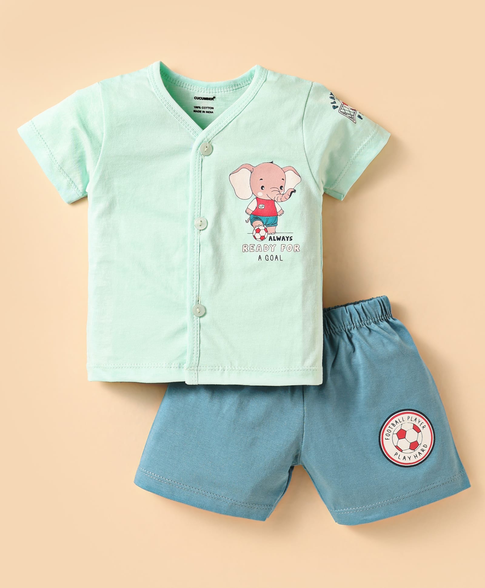 CUCUMBER Sinker Knit Half Sleeves Shorts Night Suit with Football Theme Print - Sea Green & Tea Blue-picture-11