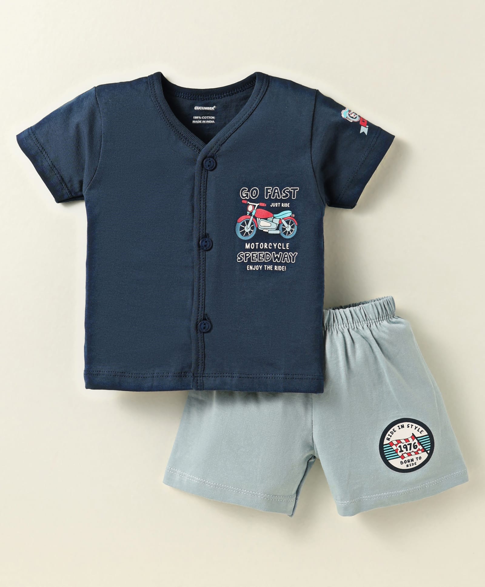 CUCUMBER Sinker Knit Half Sleeves Shorts Night Suit with Motorcycle Print - Navy Blue-image-27