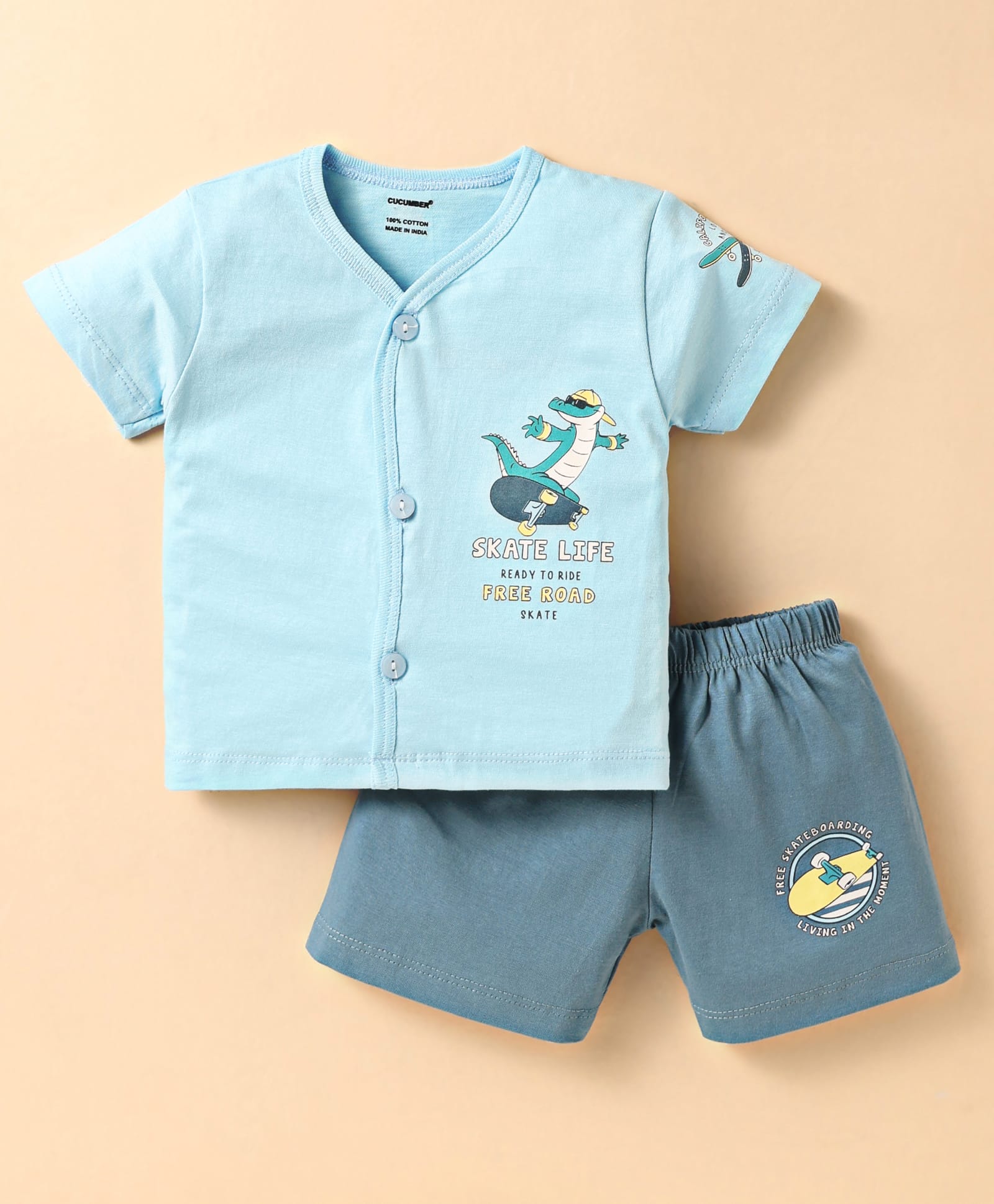 CUCUMBER Sinker Knit Half Sleeves Shorts Night Suit with Skating Theme Print - Aqua Blue-image-43
