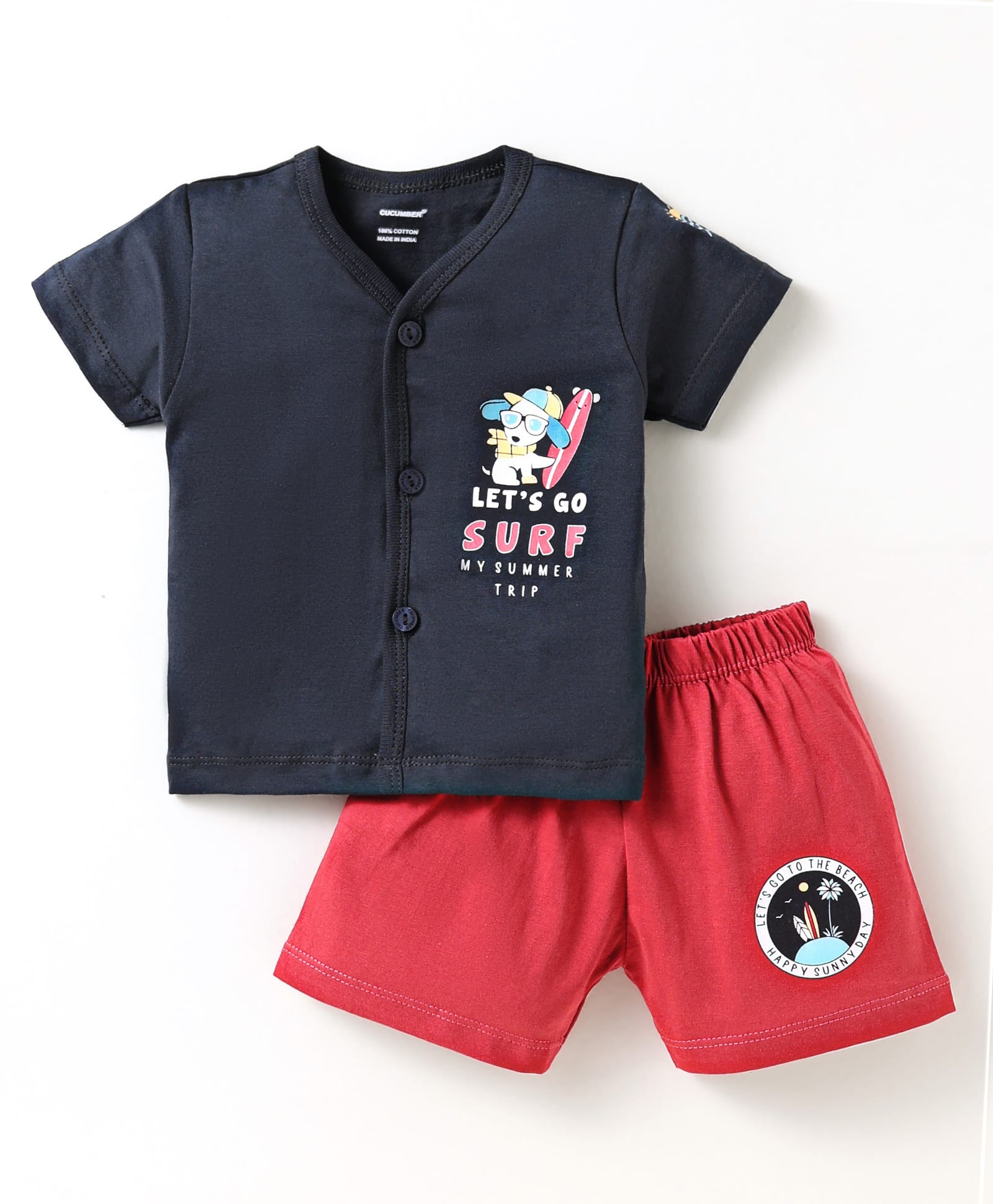 CUCUMBER Sinker Knit Half Sleeves Shorts Night Suit with Beach Theme Print - Red & Black-image-31