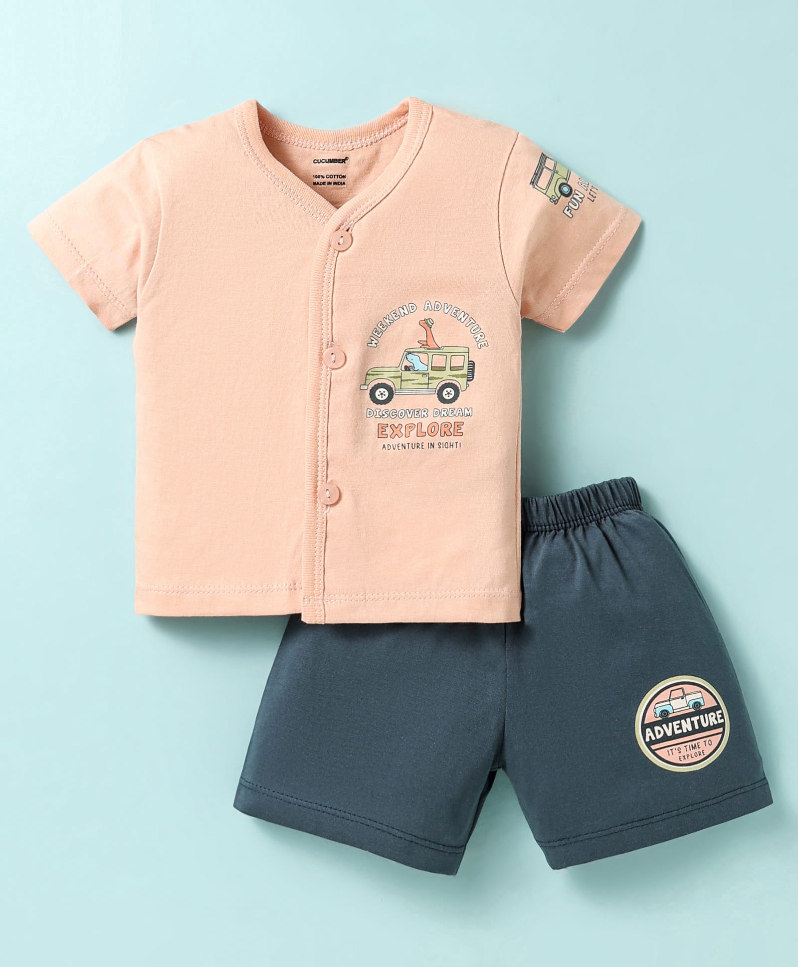 CUCUMBER Sinker Knit Half Sleeves Shorts Night Suit with Vehicle Print - Peach & Navy Blue-image-18