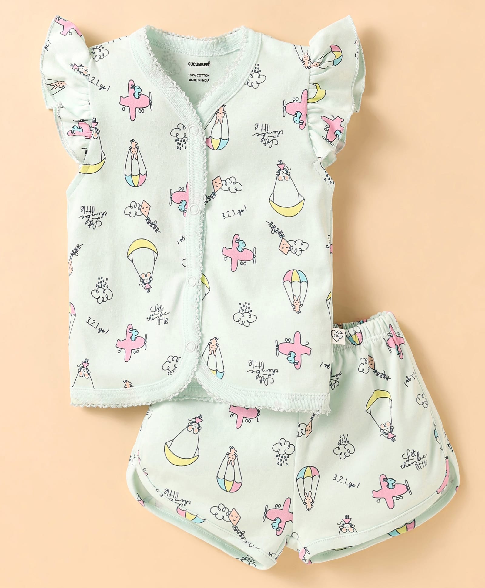 CUCUMBER Sinker Knit Frill Sleeves Shorts Co-ords Night Suit with Airplane Print - Light Blue-image-1