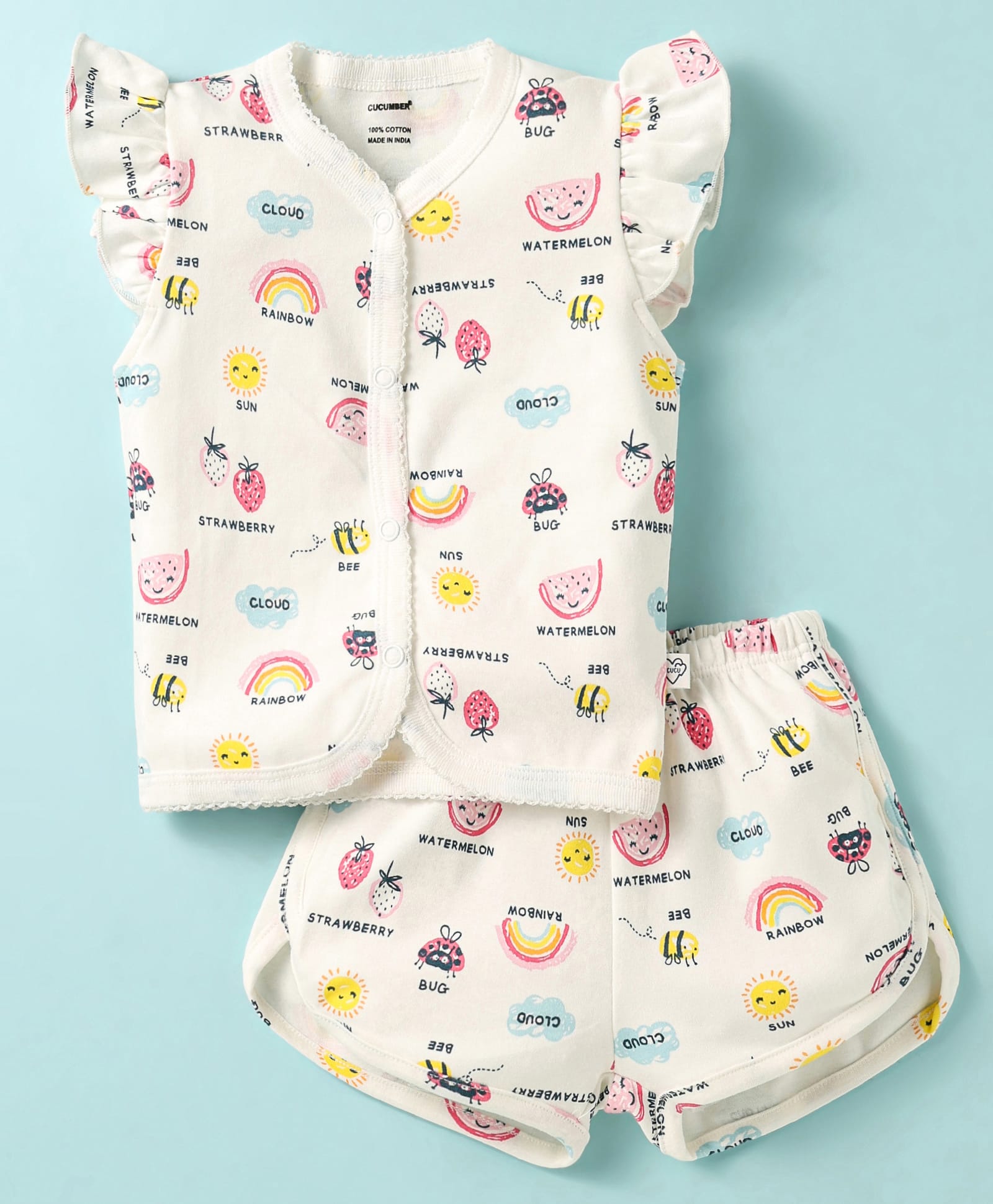 CUCUMBER Sinker Knit Frill Sleeves Shorts Co-ords Night Suit with Tropical Print - White-image-35