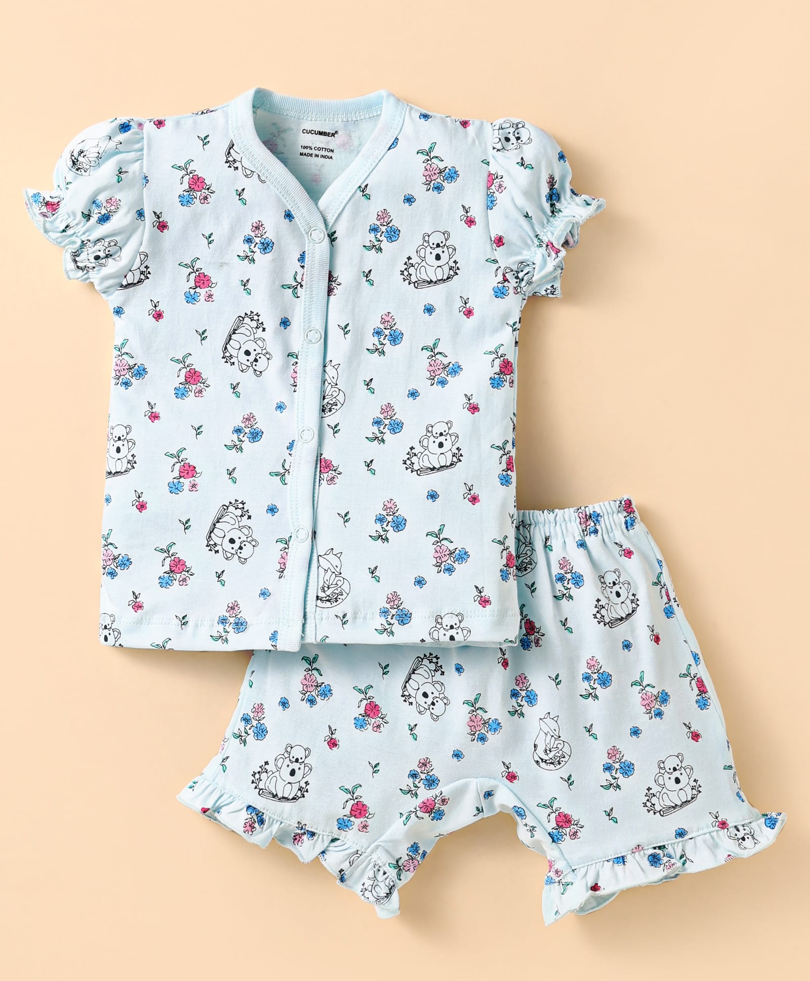 CUCUMBER Sinker Knit Half Sleeves Co-ords Shorts Night Suit with Animal & Floral Print - Light Blue-picture-18
