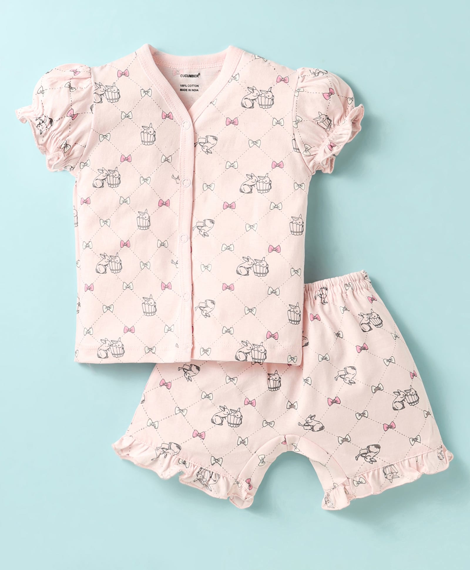 CUCUMBER Sinker Knit Puffed Sleeves Shorts Co-ords Night Suit with Animal Print - Pink-picture-9
