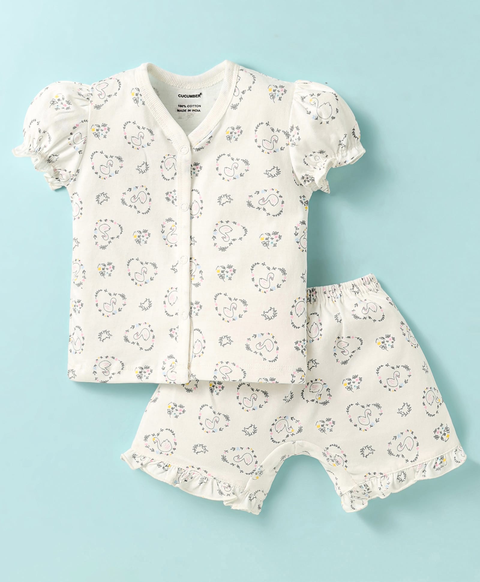 CUCUMBER Sinker Knit Puffed Sleeves Shorts Co-ords Night Suit with Duck Print - White-picture-16