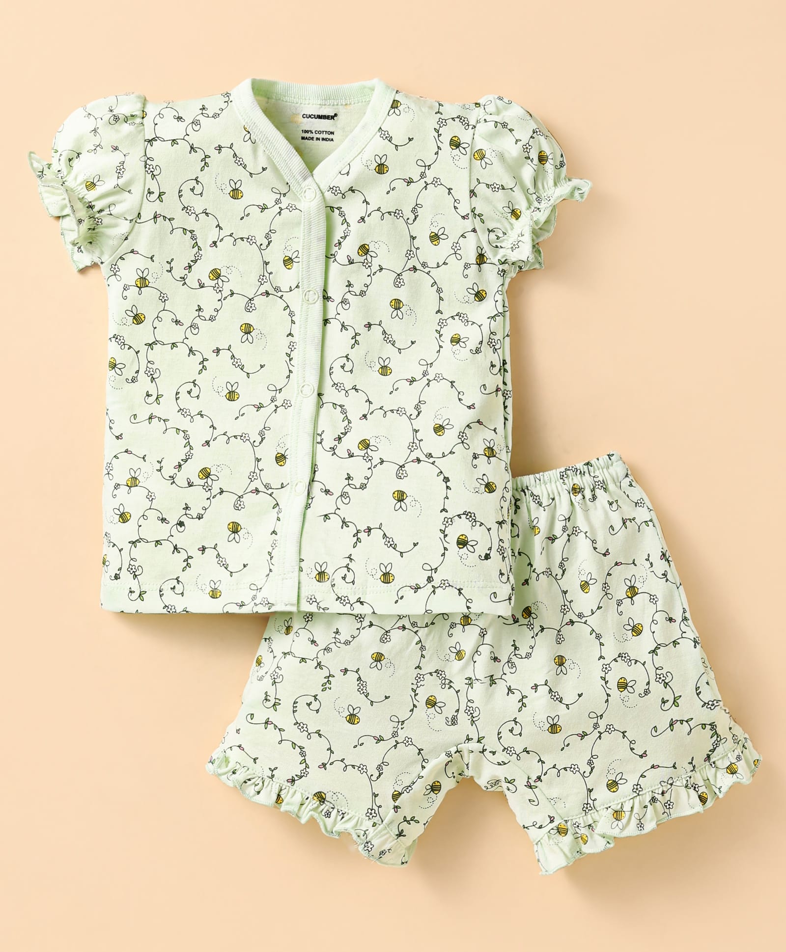 CUCUMBER Sinker Knit Half Puffed Sleeves Co-ords Shorts Night Suit with Bee & Floral Print - Light Green-image-39