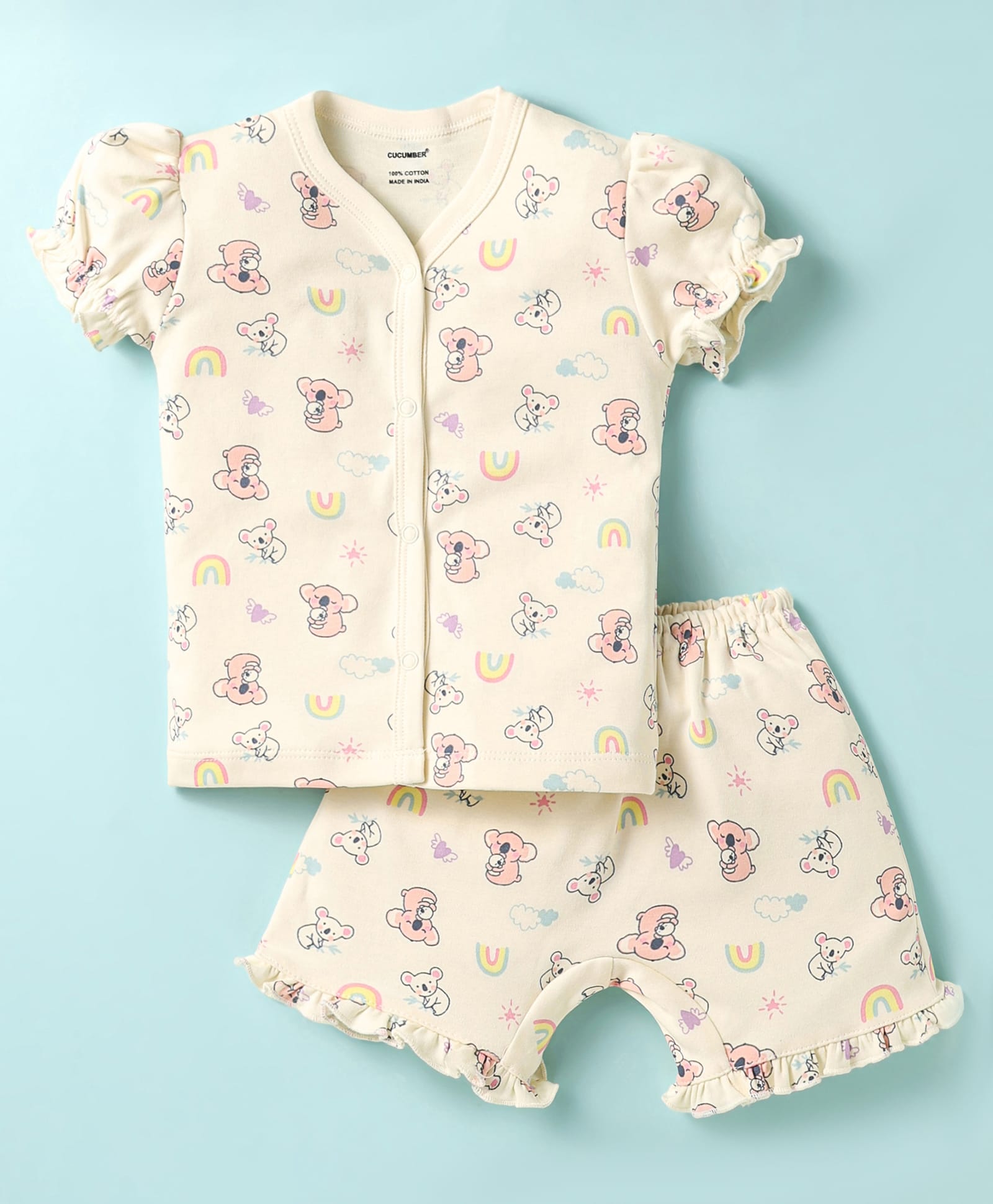 CUCUMBER Sinker Knit Puffed Sleeves Shorts Co-ords Night Suit with Koala Print - Cream-image-15
