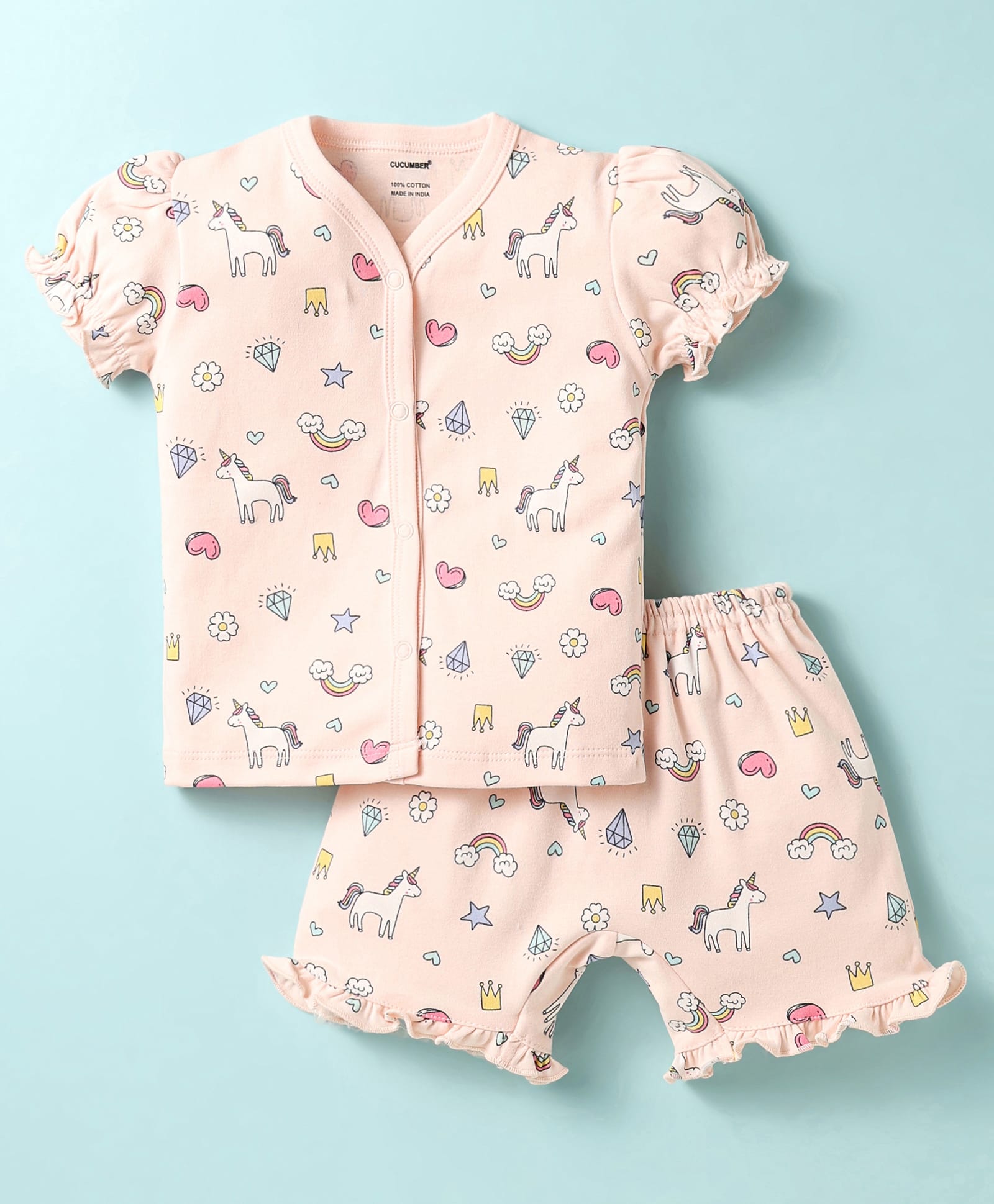 CUCUMBER Sinker Knit Puffed Sleeves Shorts Co-ords Night Suit with Unicorn Print - Pink-image-31