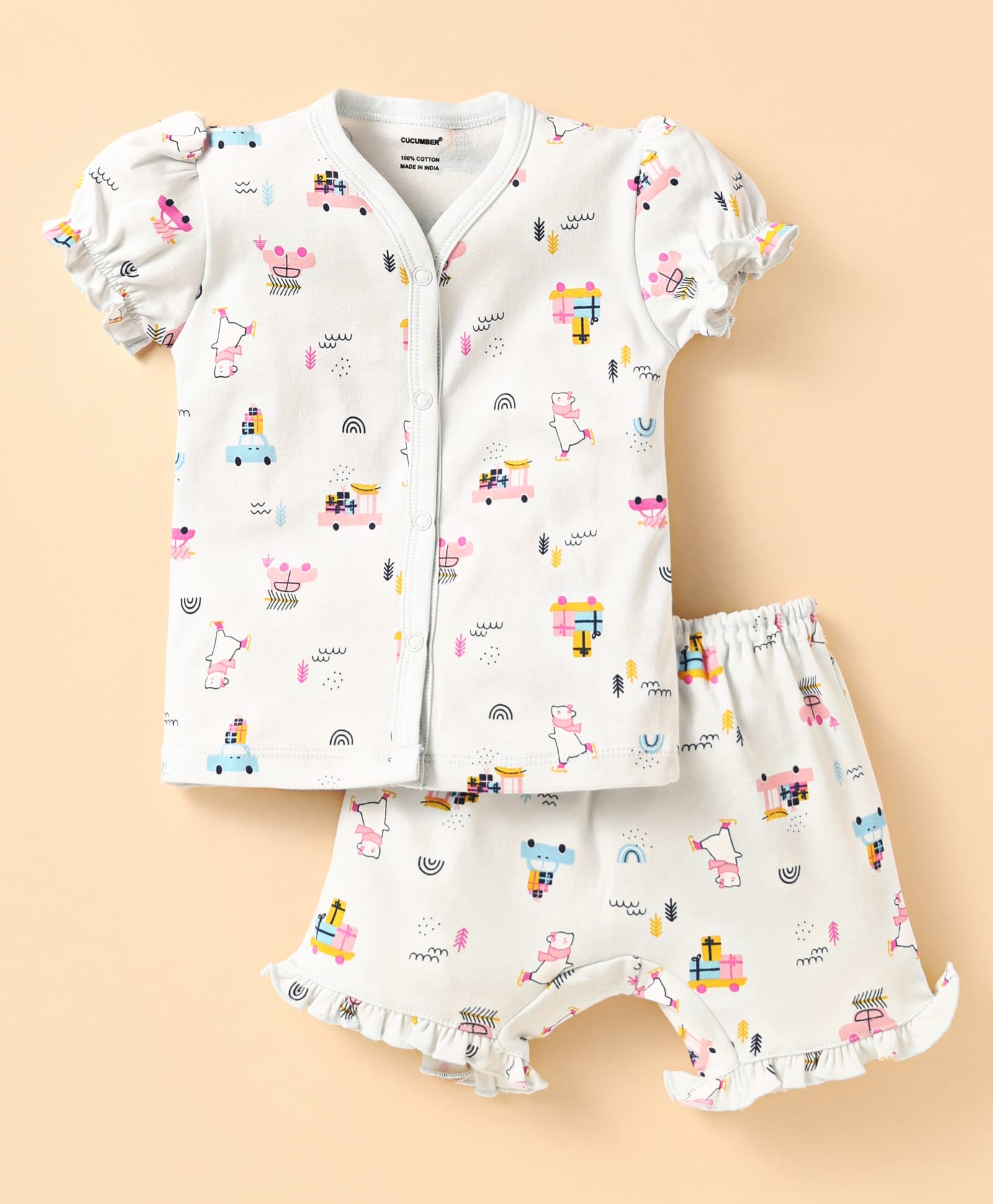 CUCUMBER Sinker Knit Half Puffed Sleeves Co-ords Shorts Night Suit with Bear Print - Light Blue-picture-19