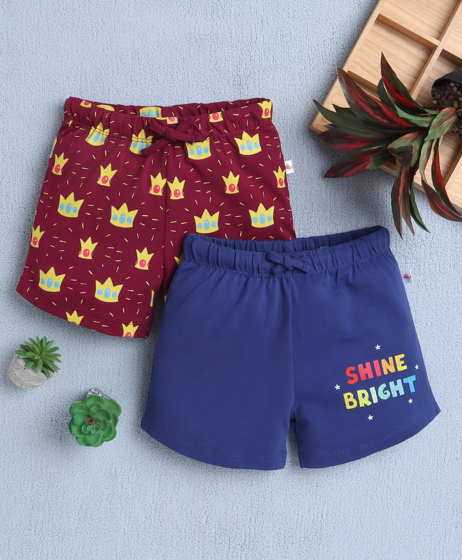 BUMZEE Cotton Pack Of 2 Shine Bright Text & Crown Printed Shorts - Indigo & Magenta-image-21