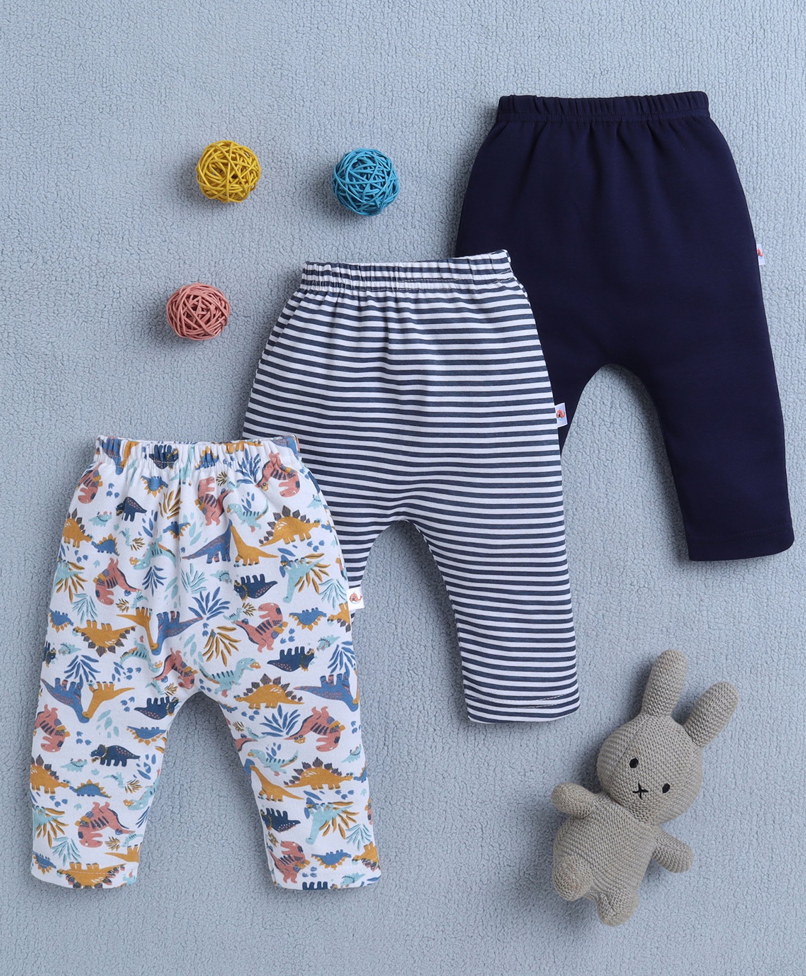 BUMZEE Cotton Pack Of 3 Striped & Dinosaurs Printed Diaper Leggings - Navy Blue & White-image-42