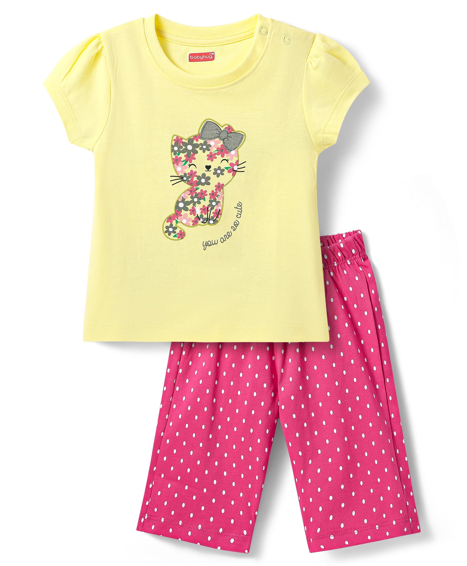 Babyhug Cotton Knit Half Sleeves Capri Night Suit with Kitty & Polka Dots Print - Yellow & Dark Pink-image-38