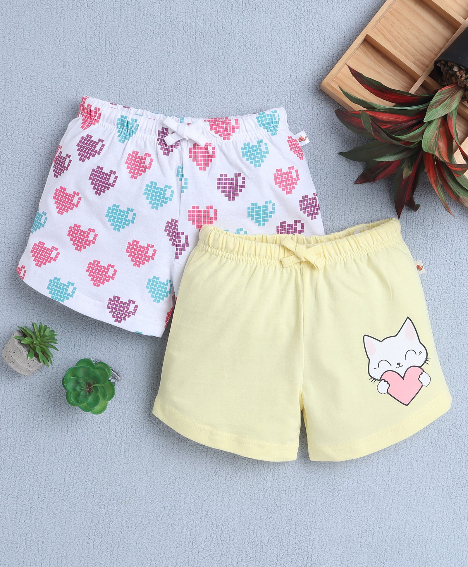 BUMZEE Cotton Knit Above Knee Length Shorts with Heart & Animal Print Pack of 2 - Yellow & White-picture-29