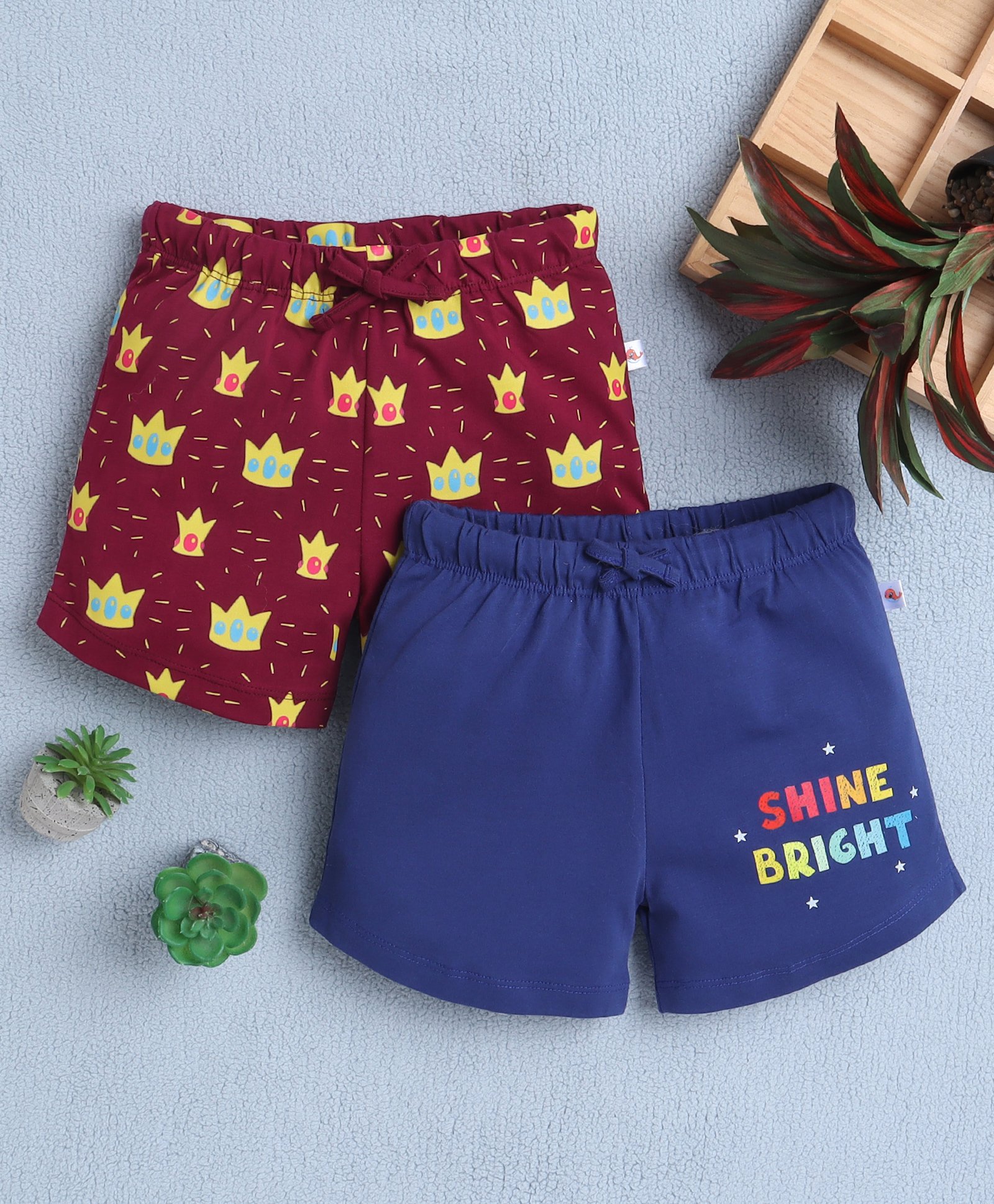 BUMZEE Cotton Knit Above Knee Length Shorts With Crown & Text Print Pack Of 2 - Navy Blue & Maroon-picture-36