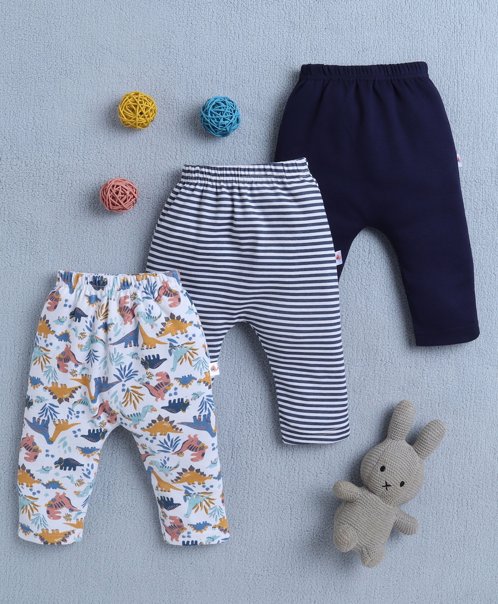BUMZEE Cotton Full Length Stripes & Dinosaur Print Diaper Pants Pack of 3 - Navy & White-image-49
