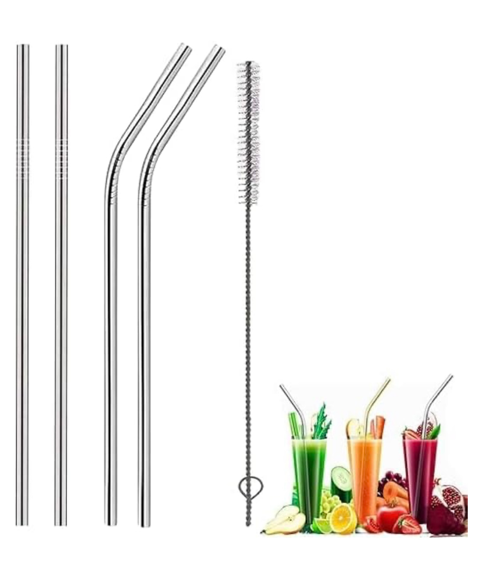ARCADE TOYS Premium Stainless Steel Straws Eco-Friendly & Durable Metal Straw Set with Cleaning Brush Long Steel Straws for Drinking Juice (2-Straight, 2-Bend, 1-Brush) - PACK OF 1 - COLOR MAY VARY-image-4
