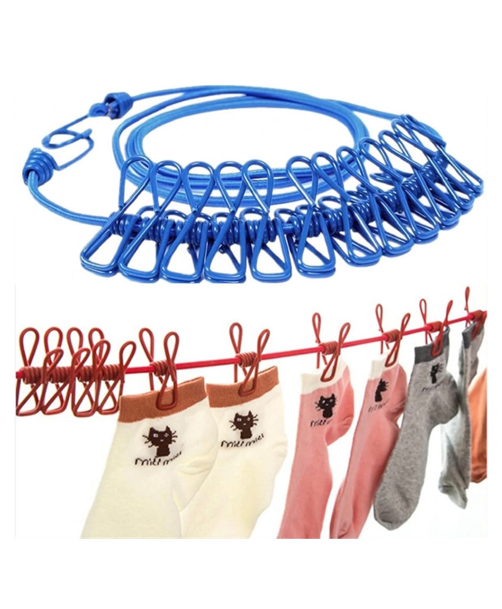 ARCADE TOYS 1 Pc Portable Travel Elastic Clothesline Rope with 12 Clips, Adjustable Clothesline Rope Clothes Hanging Clips, Balcony Clothes Drying Line Wind-Proof Clothesline for Outdoor & Indoor (Colour May Vary)-picture-10