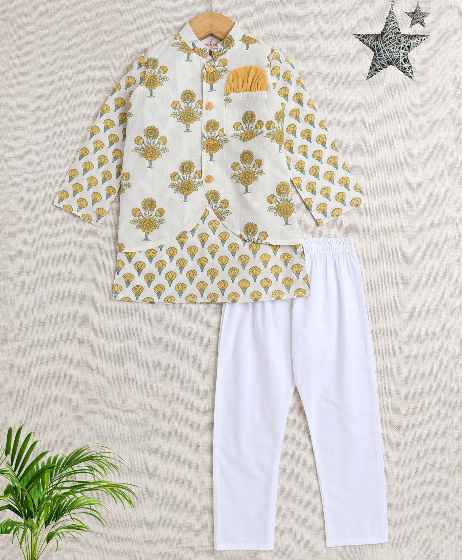 The Magic Wand Cotton Full Sleeves Floral Printed Kurta Pyjama With Jacket Set - Yellow-image-4