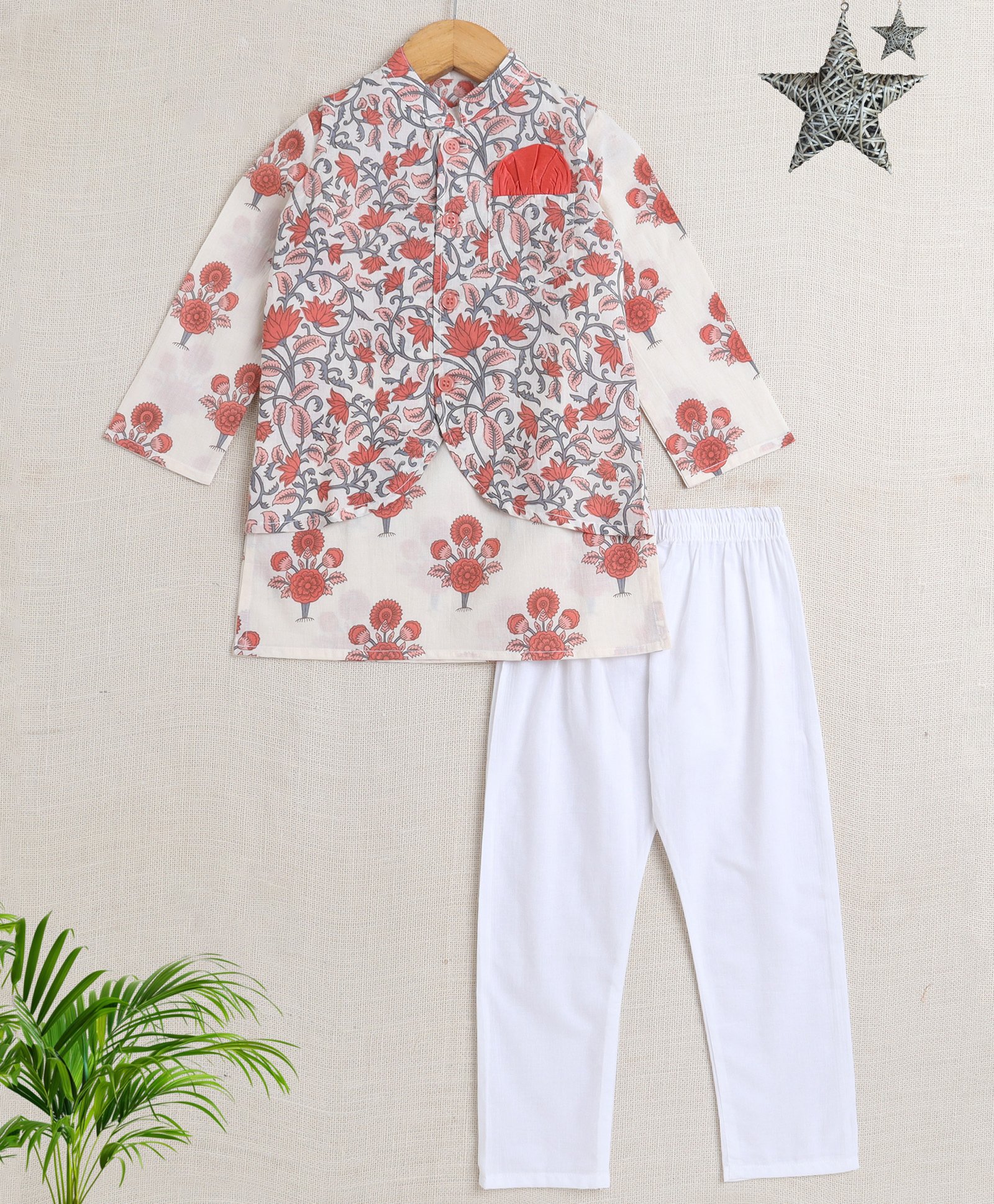 The Magic Wand Cotton Full Sleeves Floral Printed Kurta Pyjama With Jacket Set - Coral-image-20