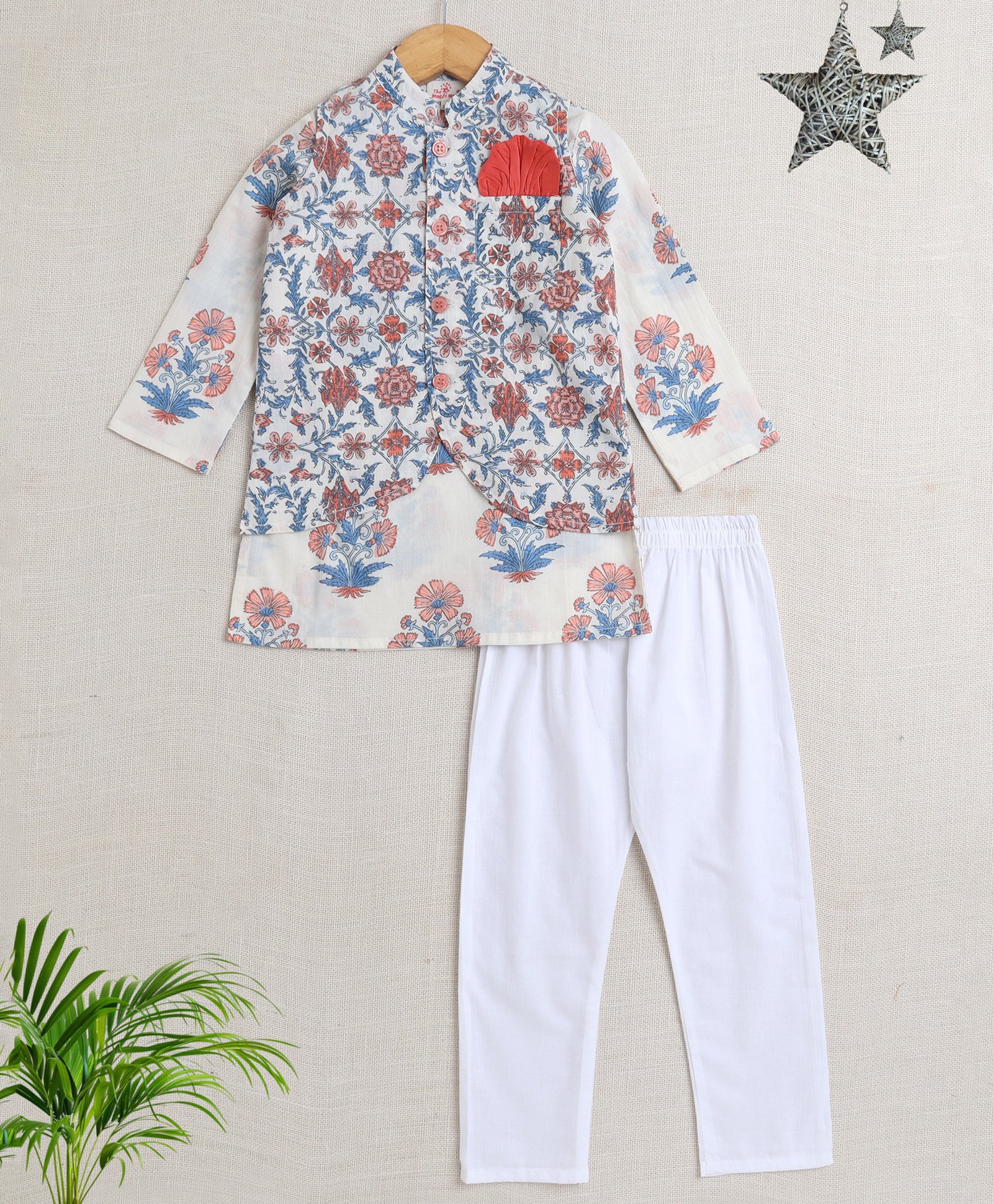 The Magic Wand Cotton Full Sleeves Floral Printed Kurta Pyjama With Jacket Set - Blue & White-picture-20