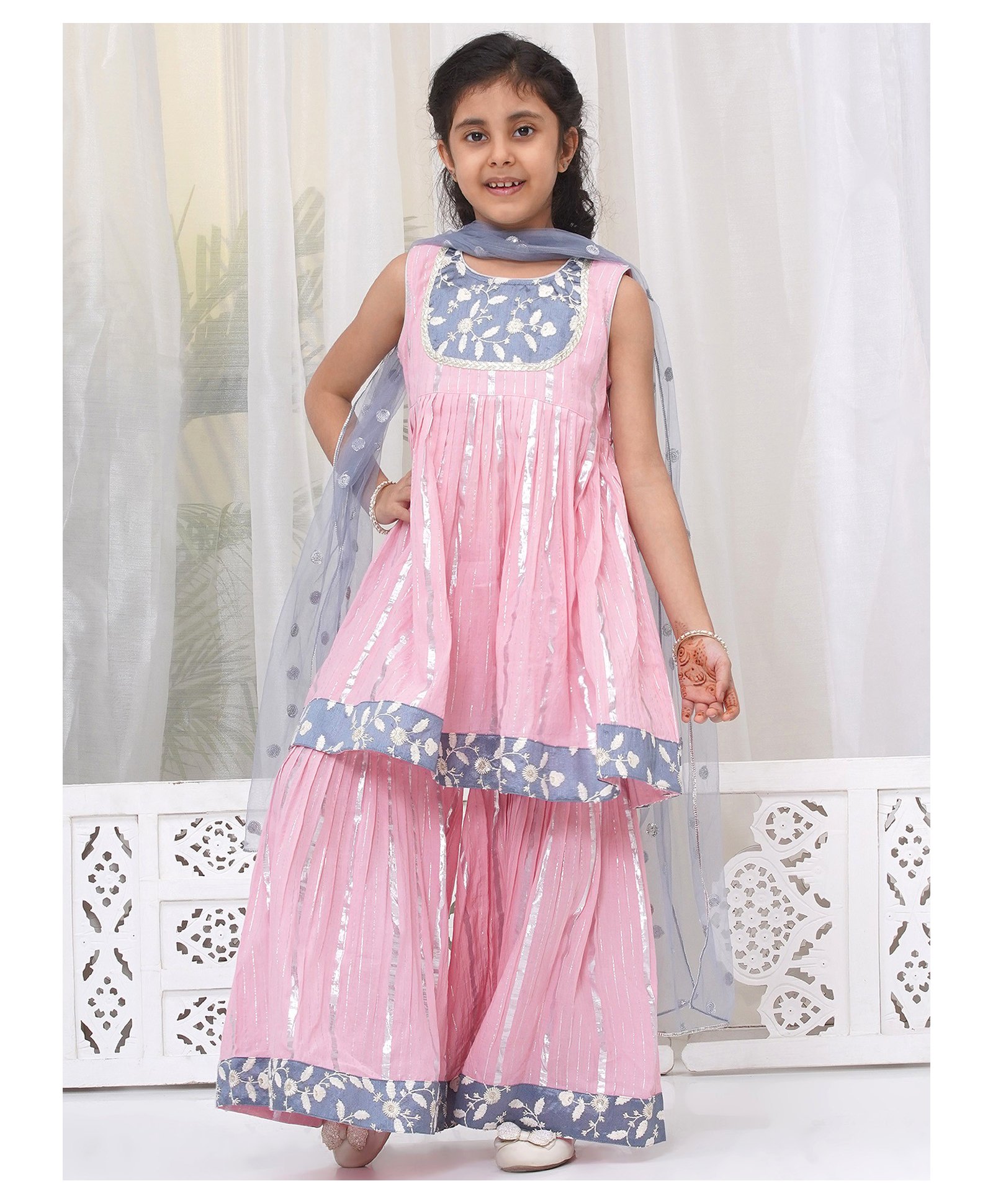 Little Bansi Cotton Sleeveless Floral Embroidered Glitter Striped & Lace Embellished Kurta Sharara With Dupatta Set - Pink-image-25