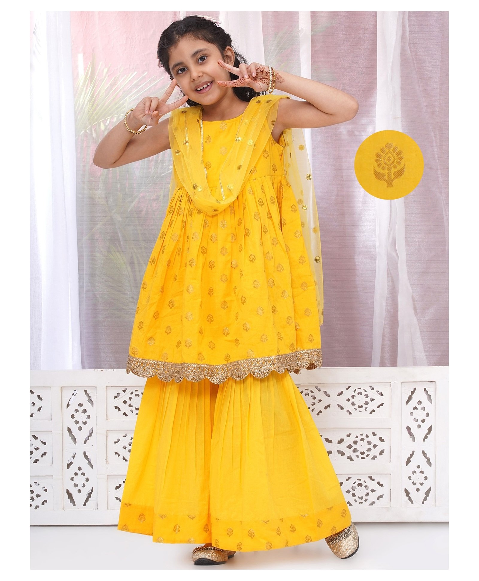 Little Bansi Cotton Sleeveless Floral Foil Motifs Printed Frock Style Kurta With Coordinating Sharara & Dupatta Set - Haldi Yellow-picture-30