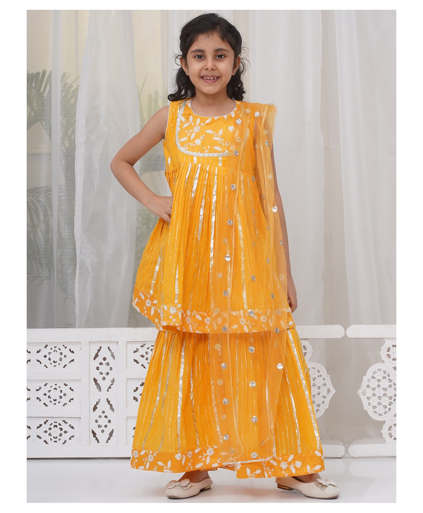 Little Bansi Cotton Sleeveless Floral Embroidered Lace Embellished Frock Style Kurta With Coordinating Sharara & Dupatta Set - Haldi Yellow-picture-45