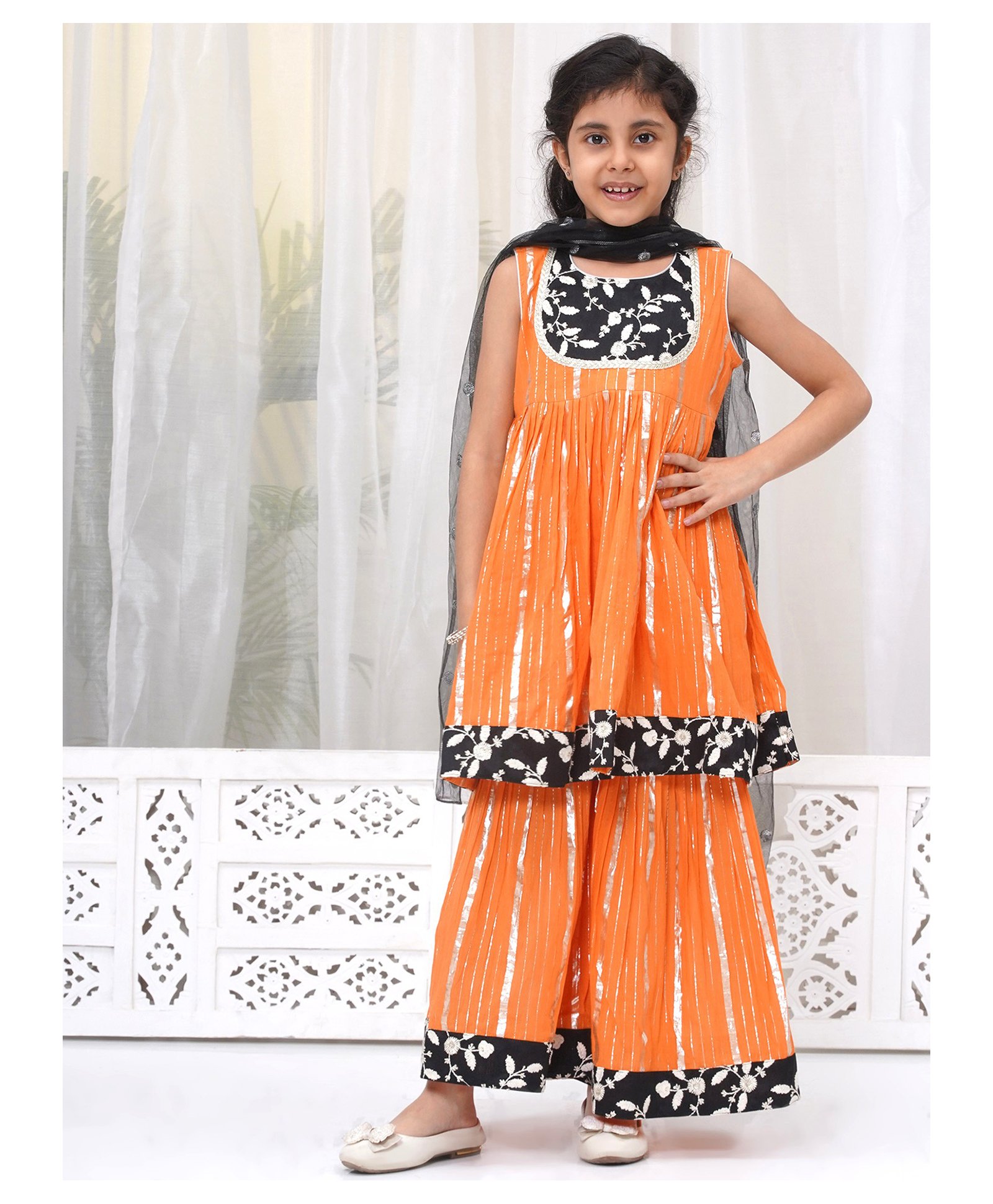 Little Bansi Cotton Sleeveless Floral Embroidered Lace Embellished Frock Style Kurta With Coordinating Sharara & Dupatta Set - Orange-picture-35