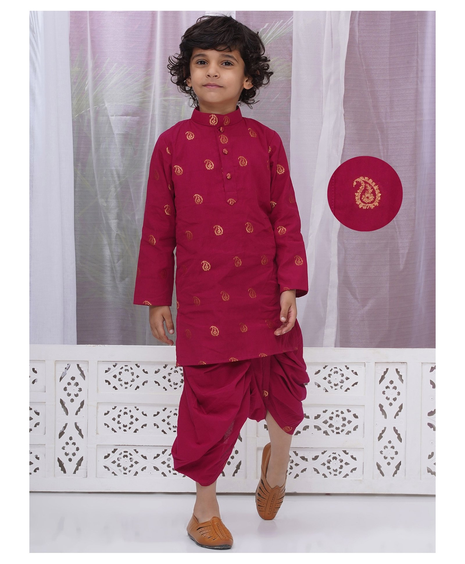 Little Bansi Cotton Full Sleeves Paisley Foil Motifs Printed Kurta Dhoti Set - Rani Pink-picture-20