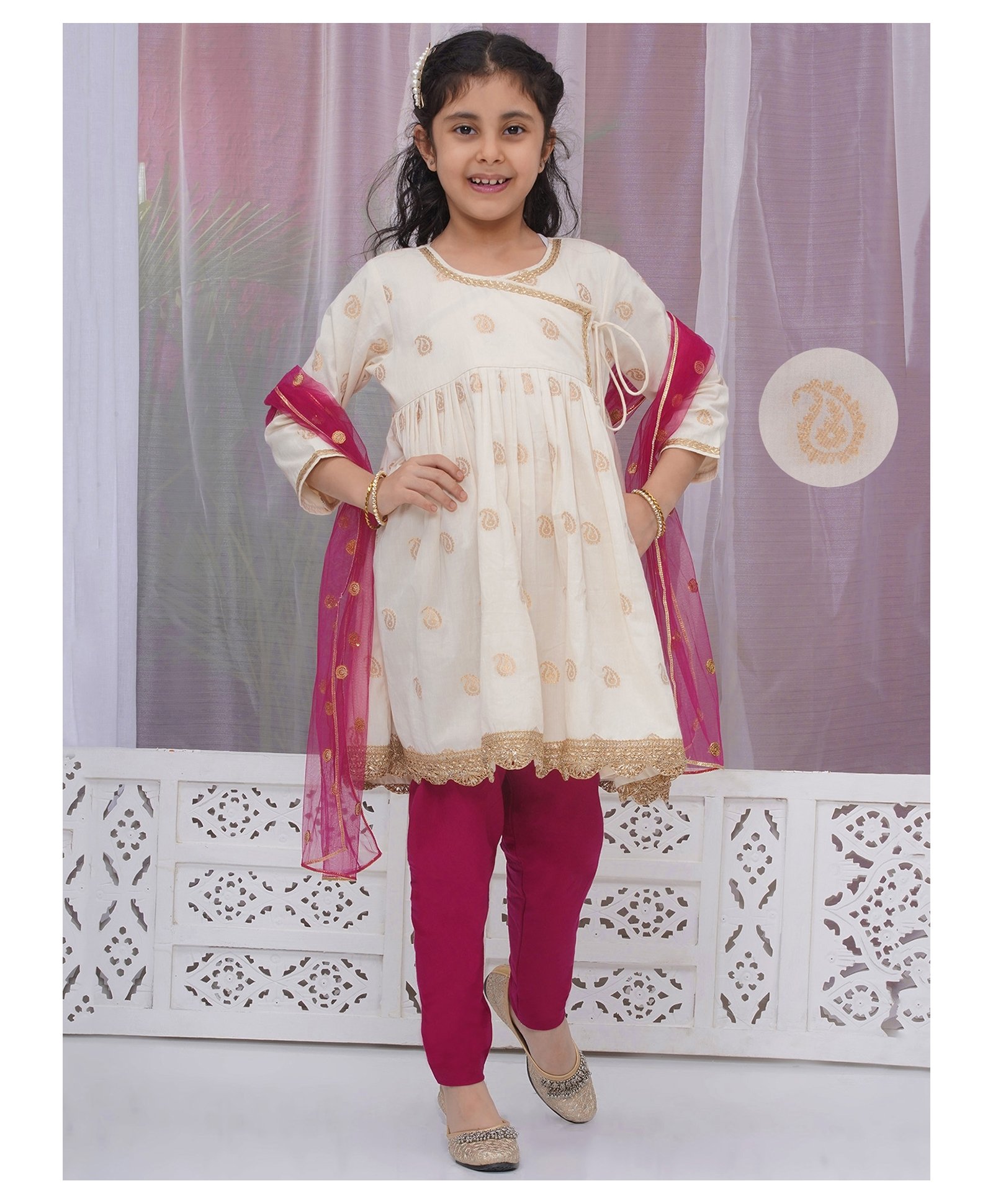 Little Bansi Cotton Three Fourth Sleeves Paisley Printed & Lace Embellished Angrakha Style Kurta & Pyjama With Dupatta Set - Cream-picture-2