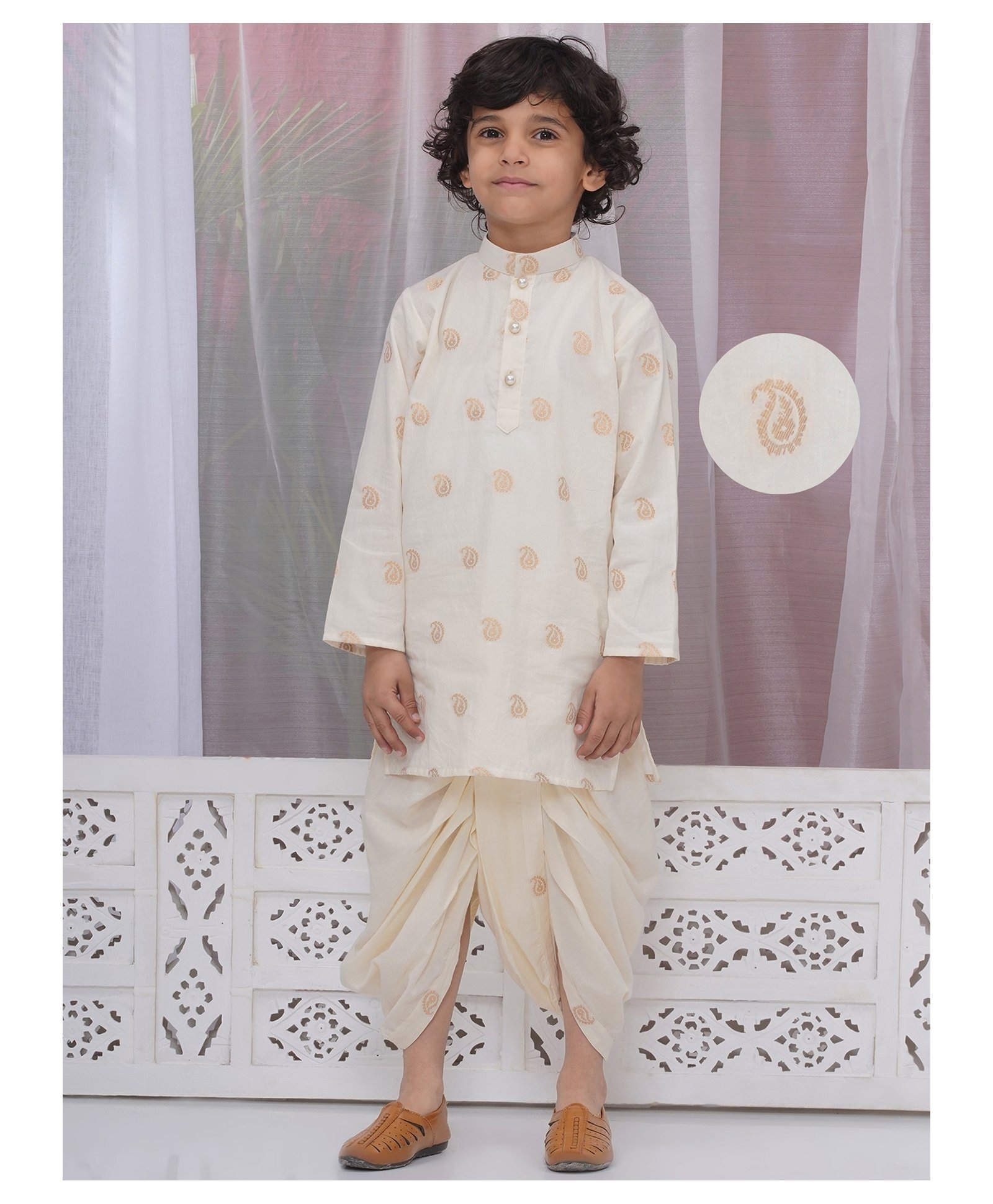 Little Bansi Cotton Full Sleeves Paisley Foil Printed Kurta & Dhoti Set - Cream-picture-21