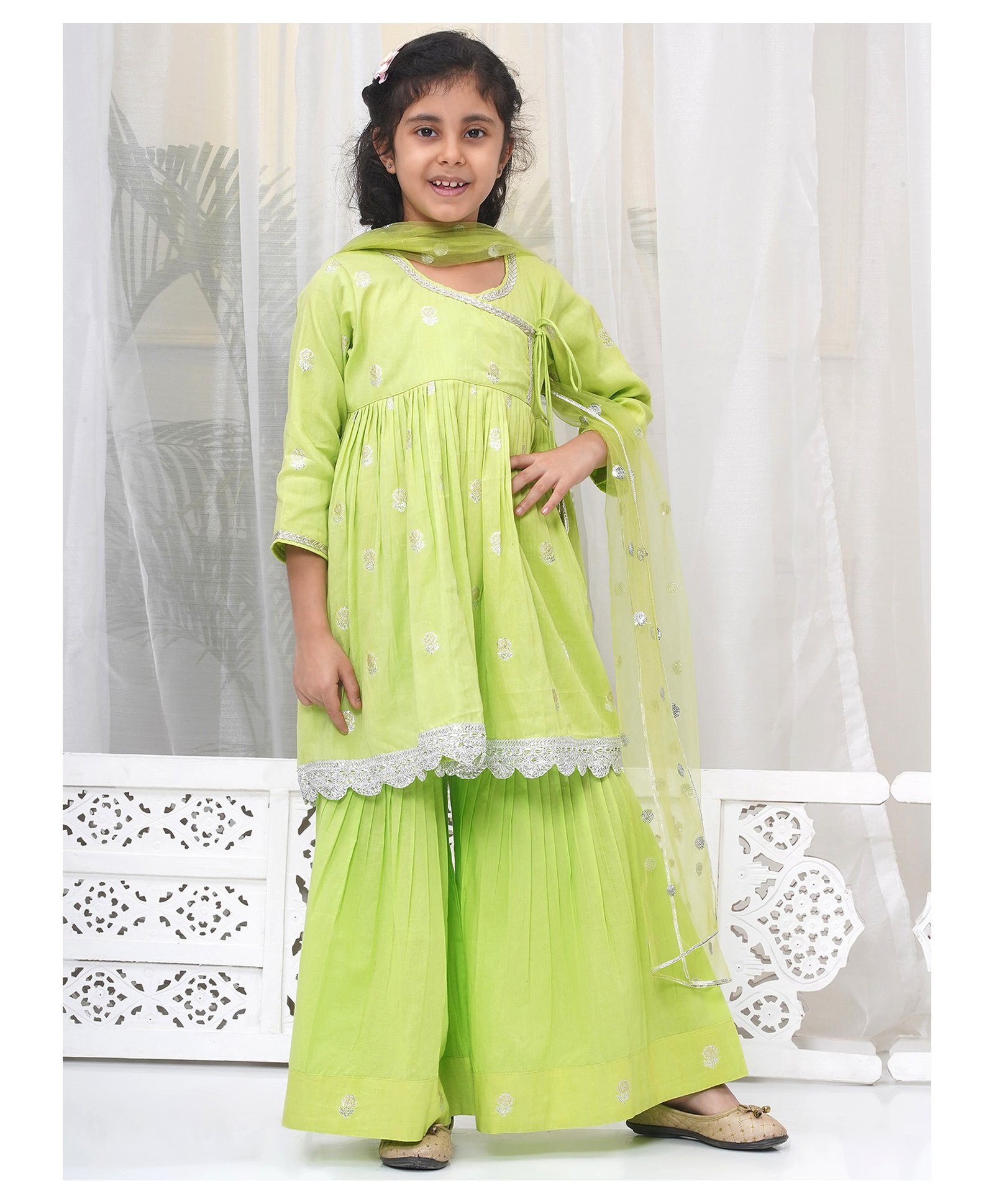 Little Bansi Cotton Three Fourth Sleeves Floral Printed & Lace Embellished Angrakha Style Kurta & Sharara With Dupatta Set - Green-picture-29