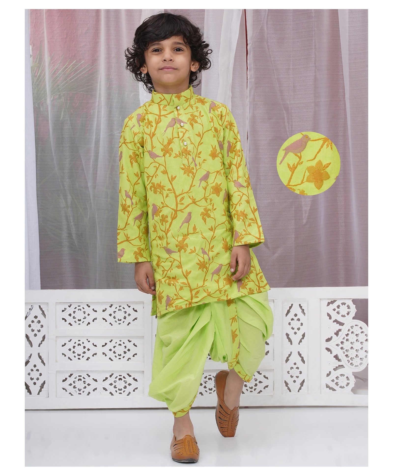 Little Bansi Cotton Full Sleeves Floral & Bird Embroidered Kurta & Dhoti Set - Green-picture-16