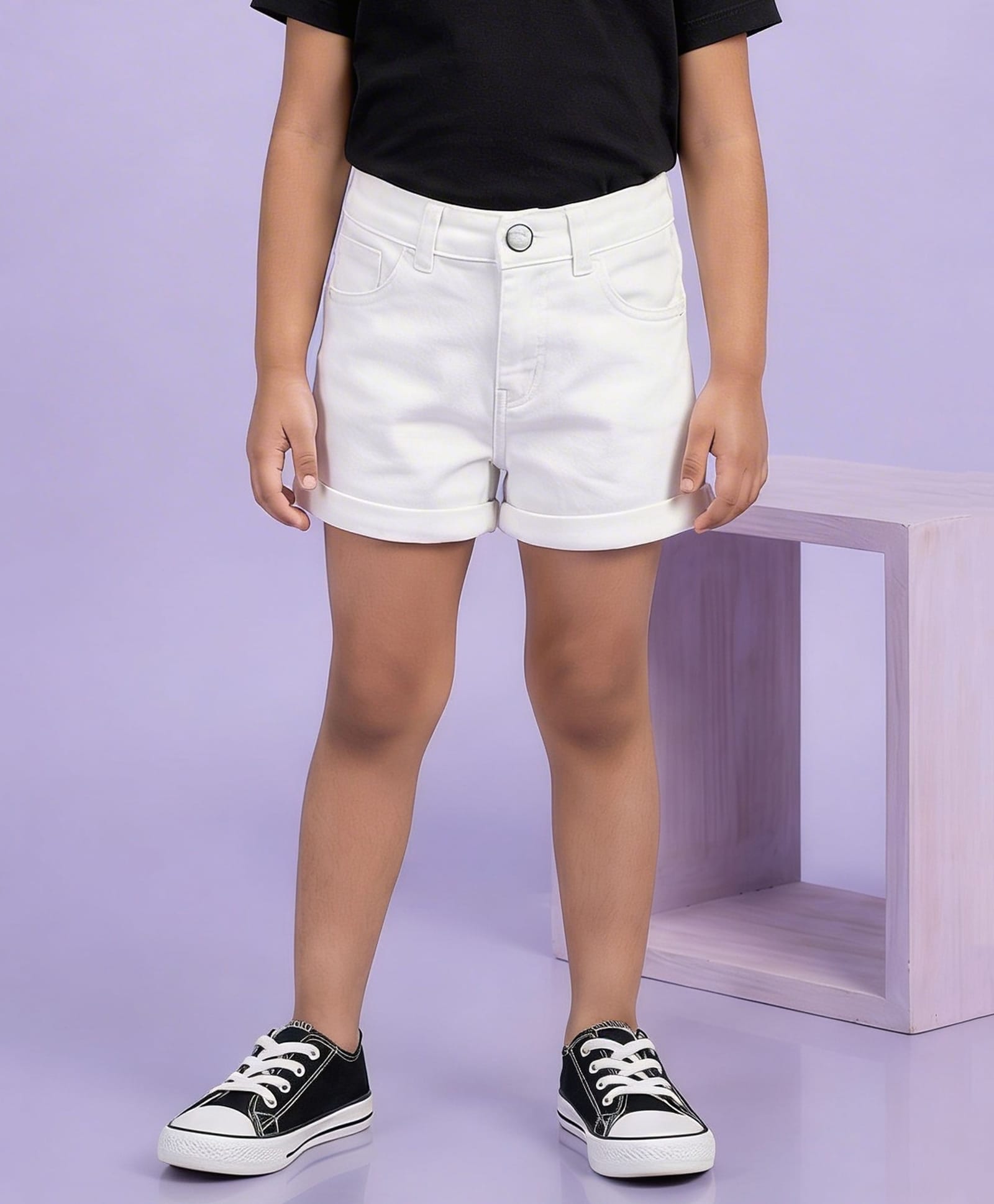 Kiddopanti Denim Solid Roll Up Shorts - White-image-37