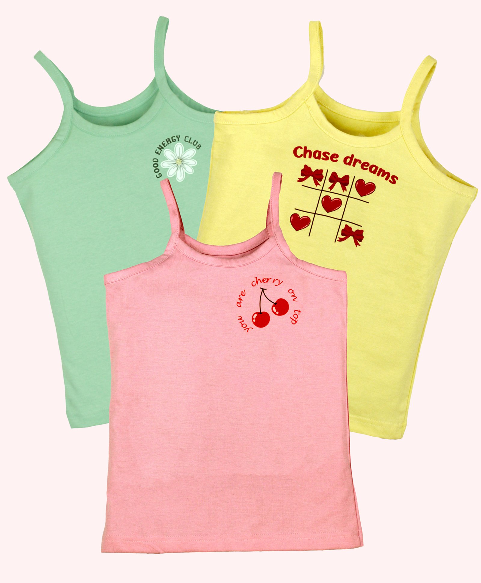 Kiddopanti Cotton Pack of 3 Sleeveless Floral & Heart Printed Camisoles - Light Green Yellow & Dark Pink-image-47