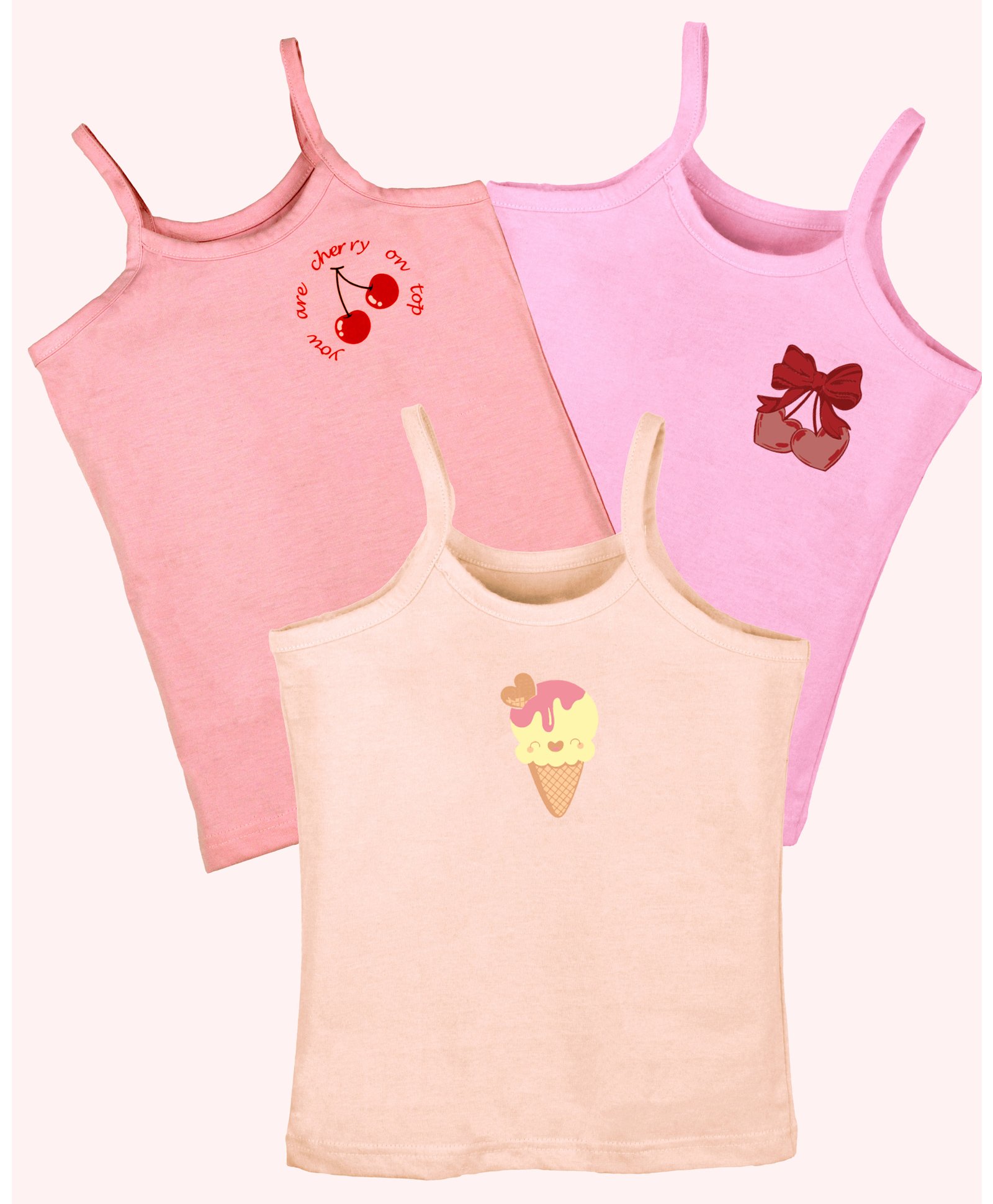 Kiddopanti Cotton Pack Of 3 Sleeveless Cherry & Ice Cream Printed Camisoles - Dark & Baby Pink-picture-34