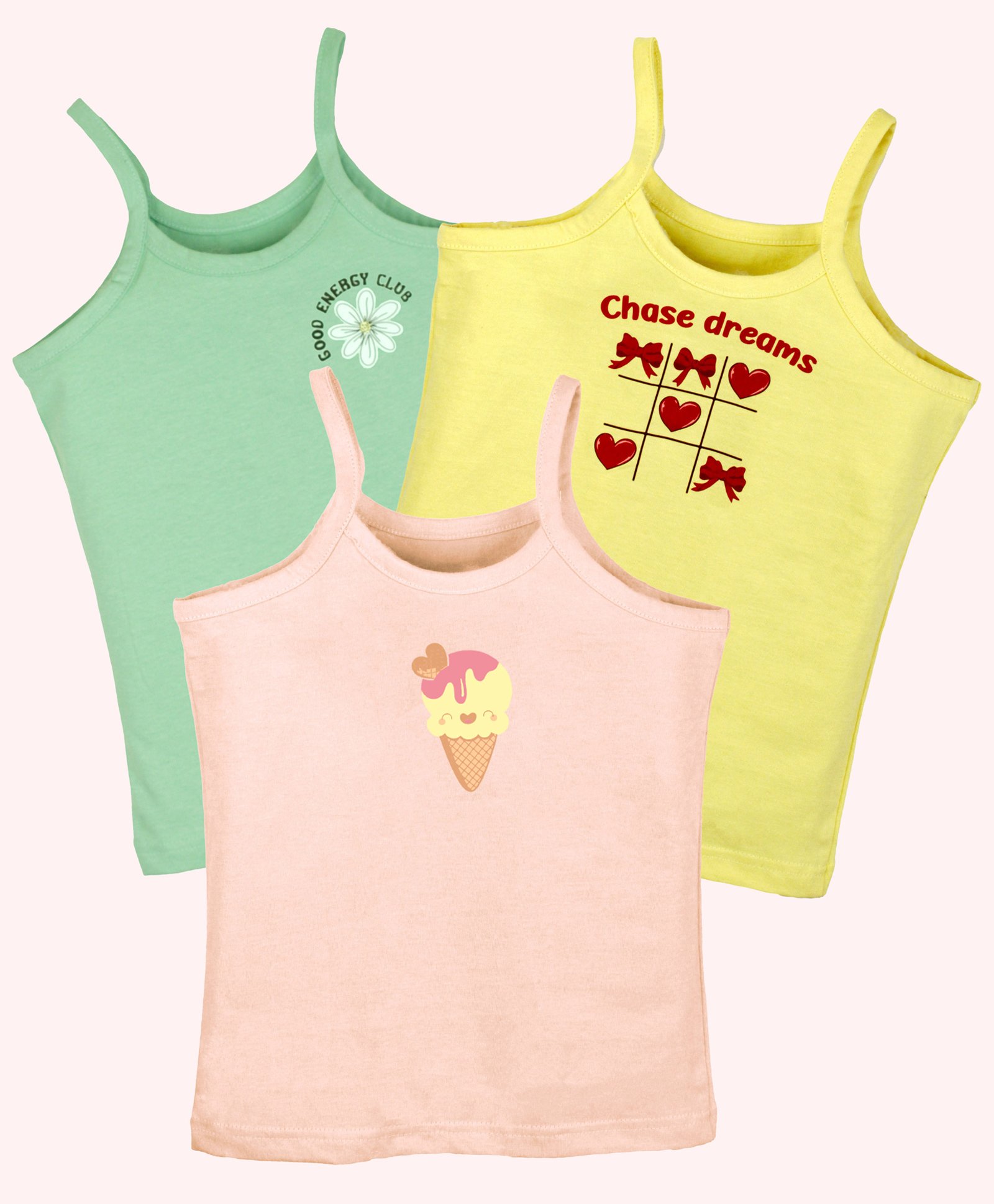 Kiddopanti Cotton Pack Of 3 Sleeveless Floral & Ice Cream Printed Camisoles - Light Green Yellow & Baby Pink-image-41