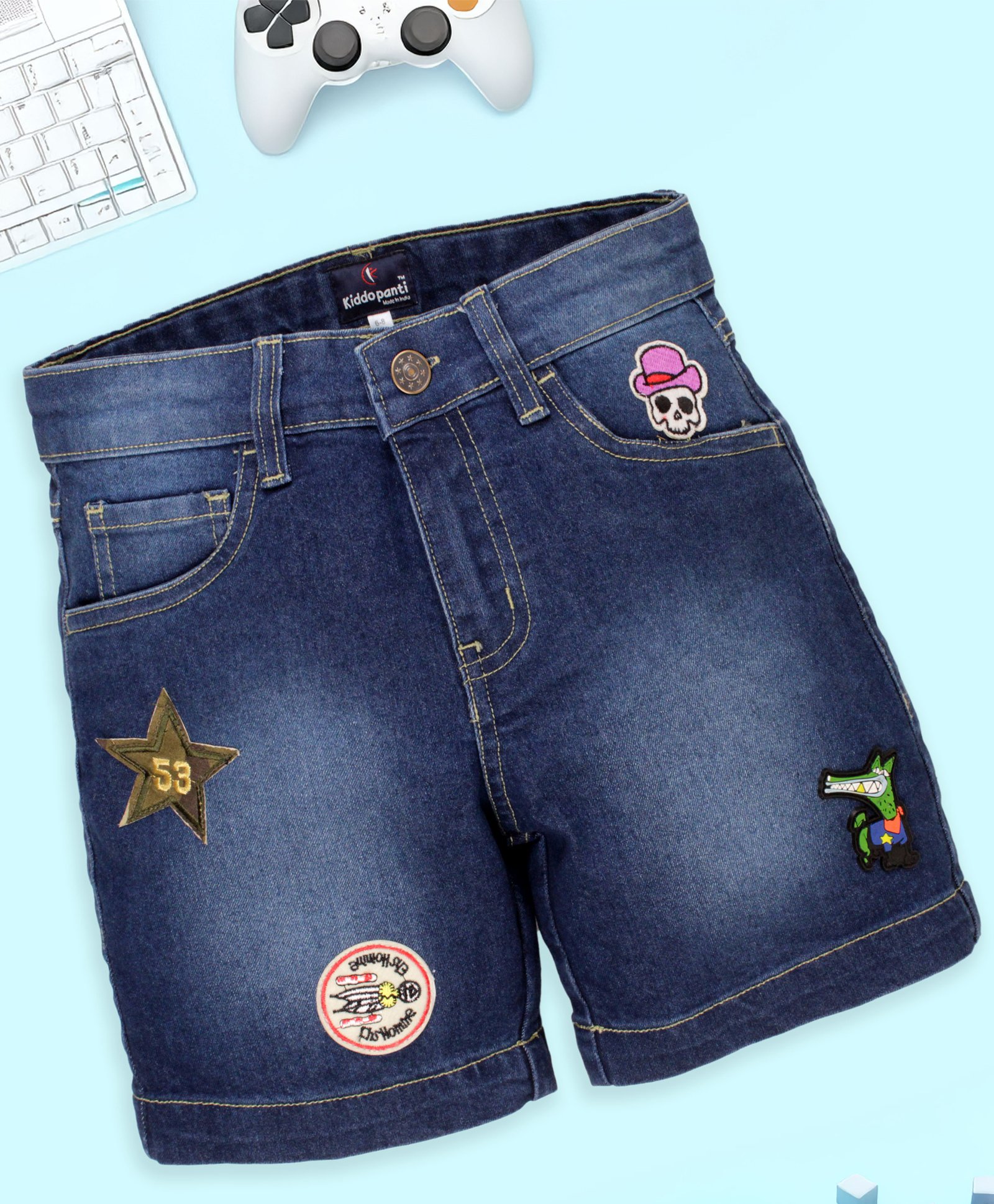 Kiddopanti Denim Mild Washed Alligator Badge Detailed Shorts - Medium Blue-picture-20