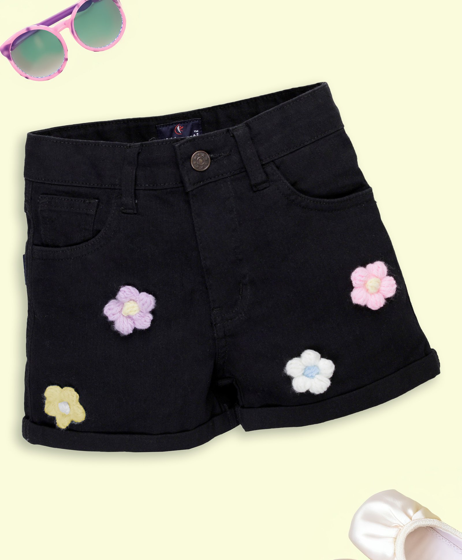 Kiddopanti Denim Shorts Floral Embroidered Shorts - Black-picture-10