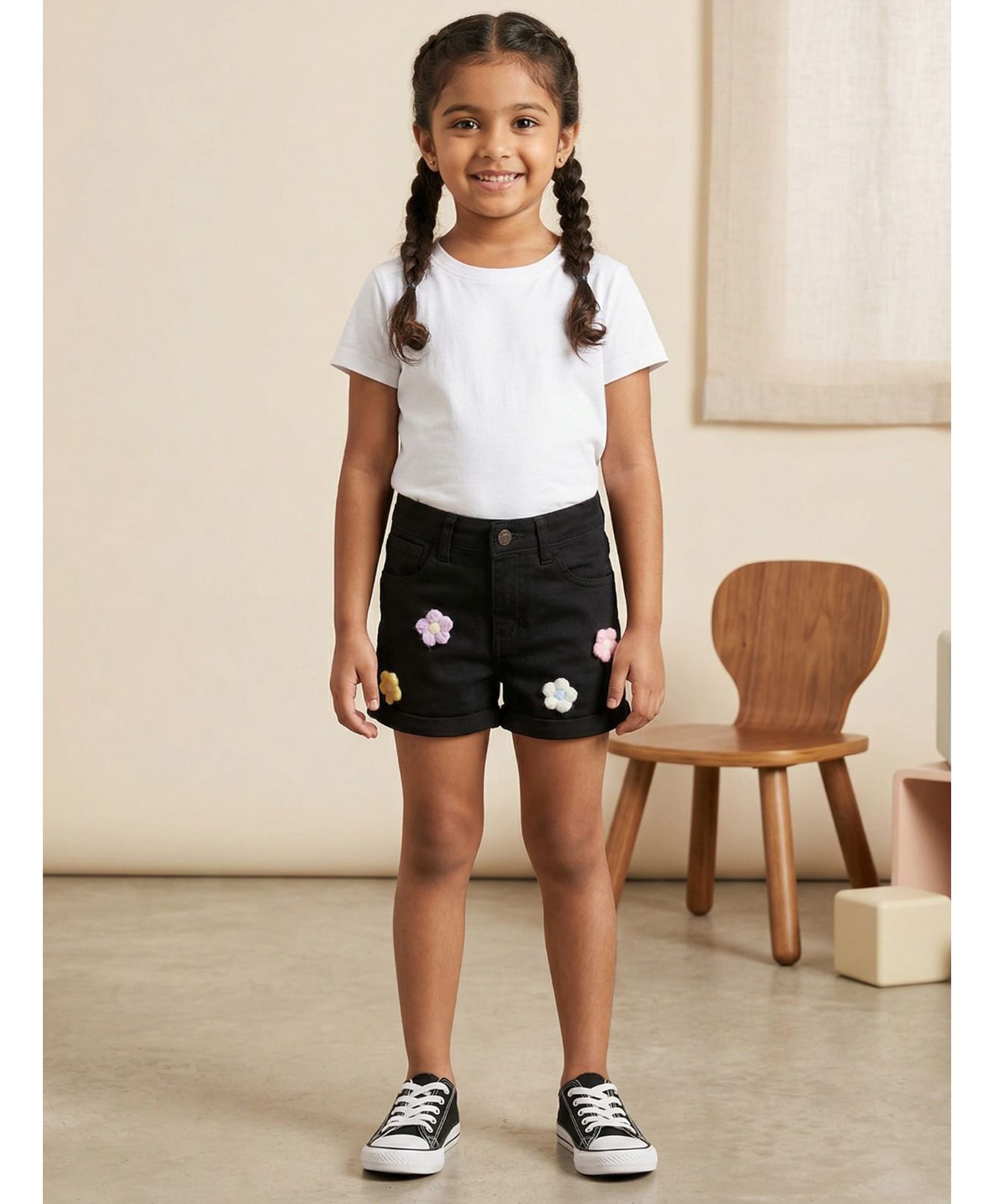 Kiddopanti Denim Shorts Floral Embroidered Shorts - Black-picture-18
