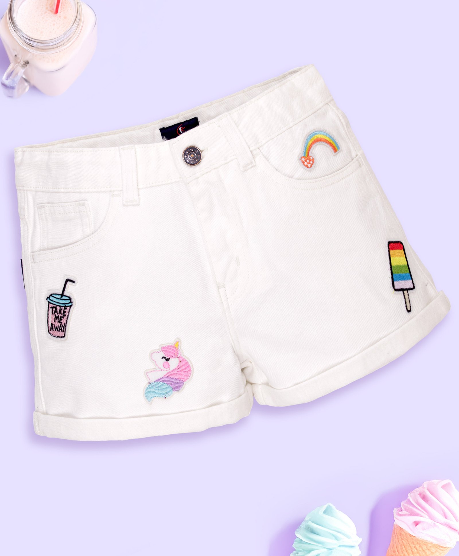 Kiddopanti Denim Shorts Rainbow & Ice Cream Patch Detailed Shorts - White-picture-29